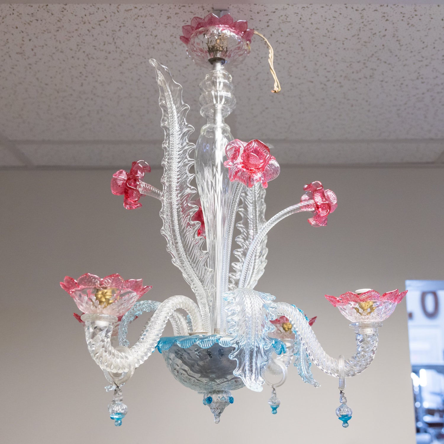 Vintage 20th Century Four-Light Pink and Blue Murano Glass Chandelier