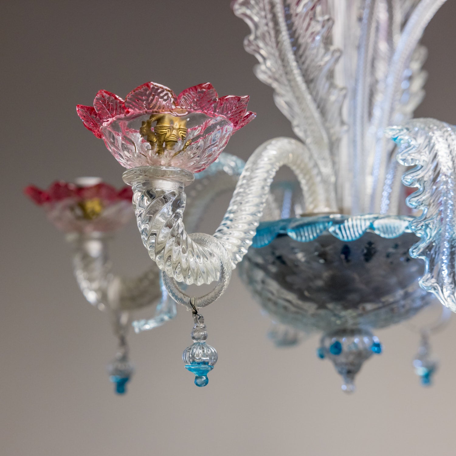 Vintage 20th Century Four-Light Pink and Blue Murano Glass Chandelier