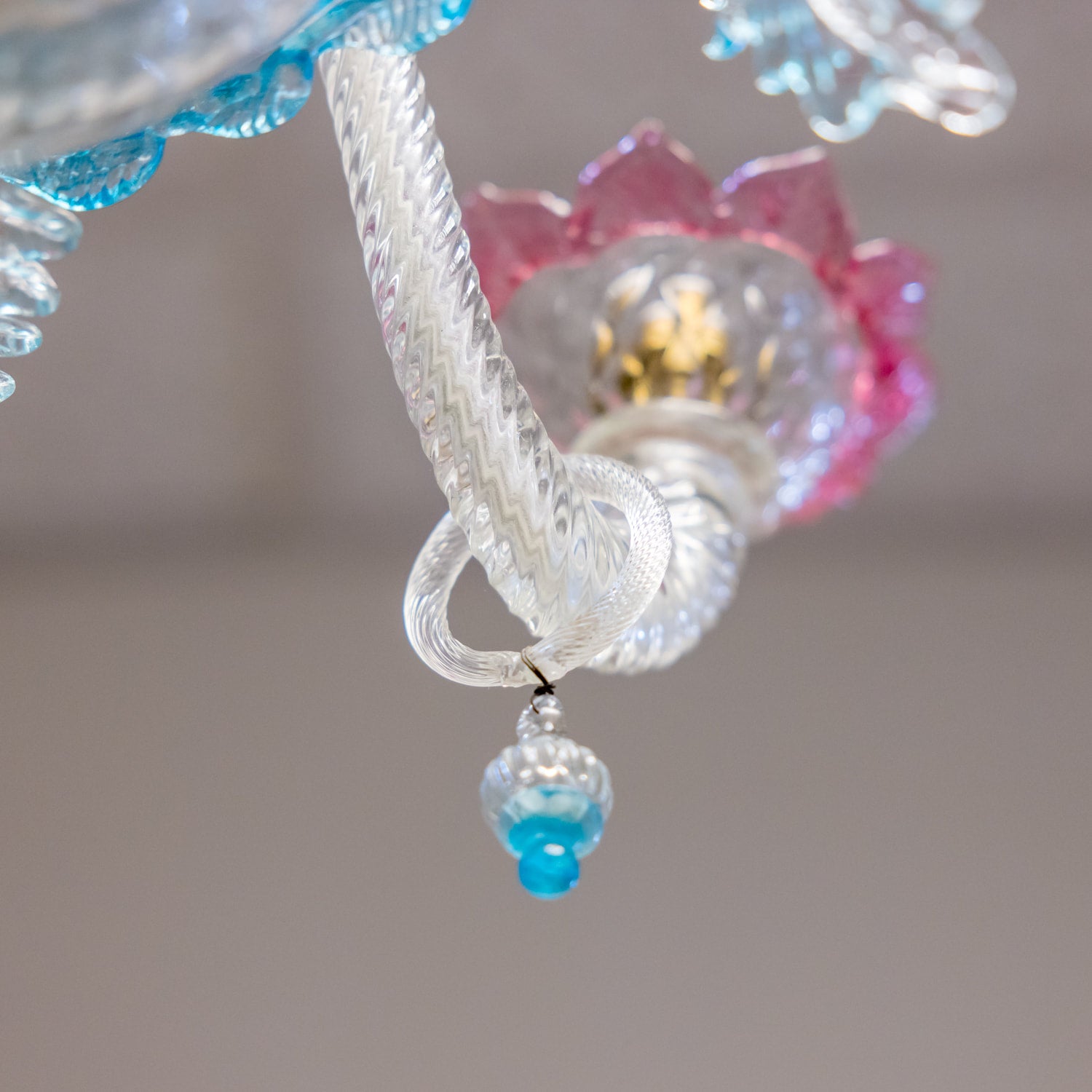 Vintage 20th Century Four-Light Pink and Blue Murano Glass Chandelier