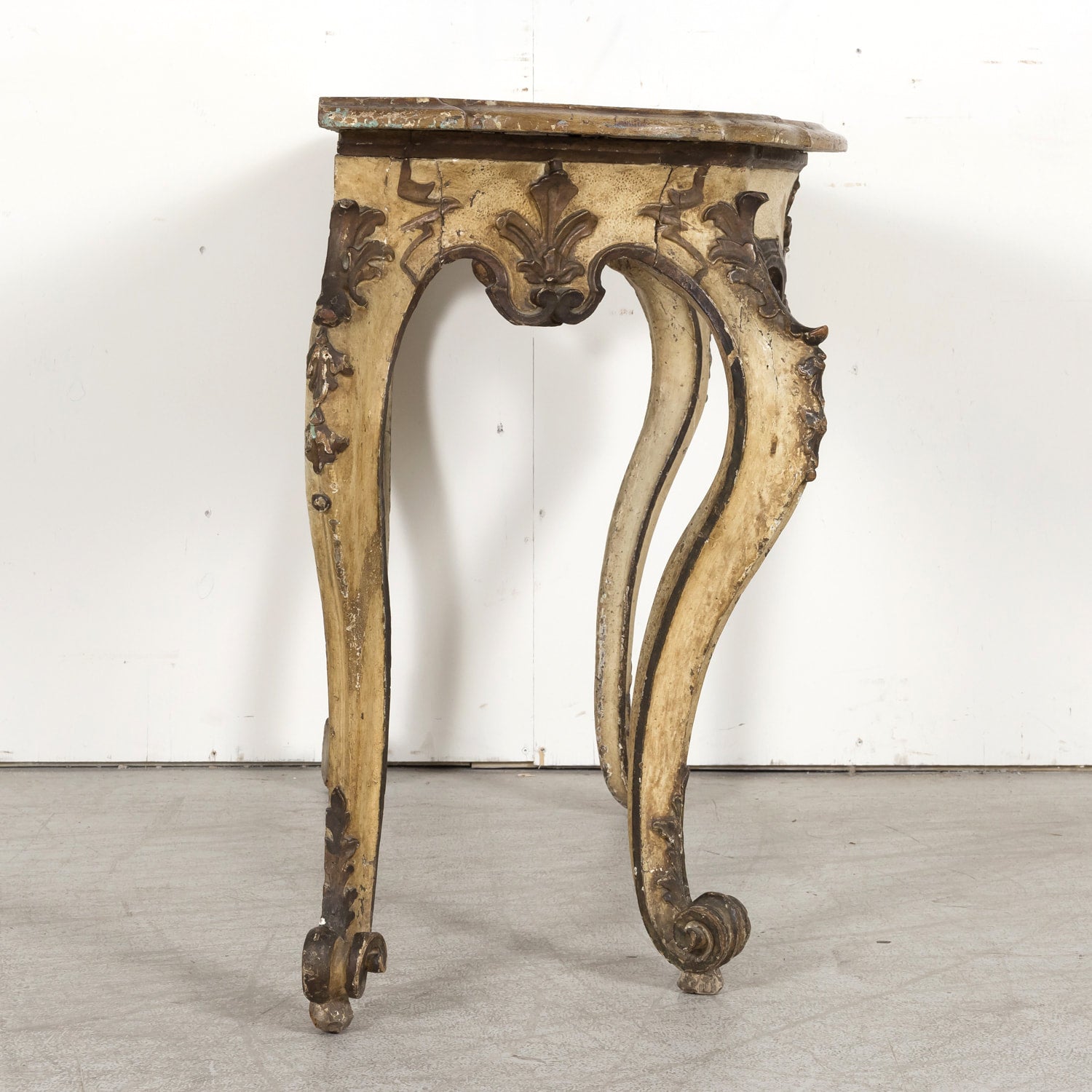 19th Century Italian Rococo Style Painted and Parcel Gilt Console Table