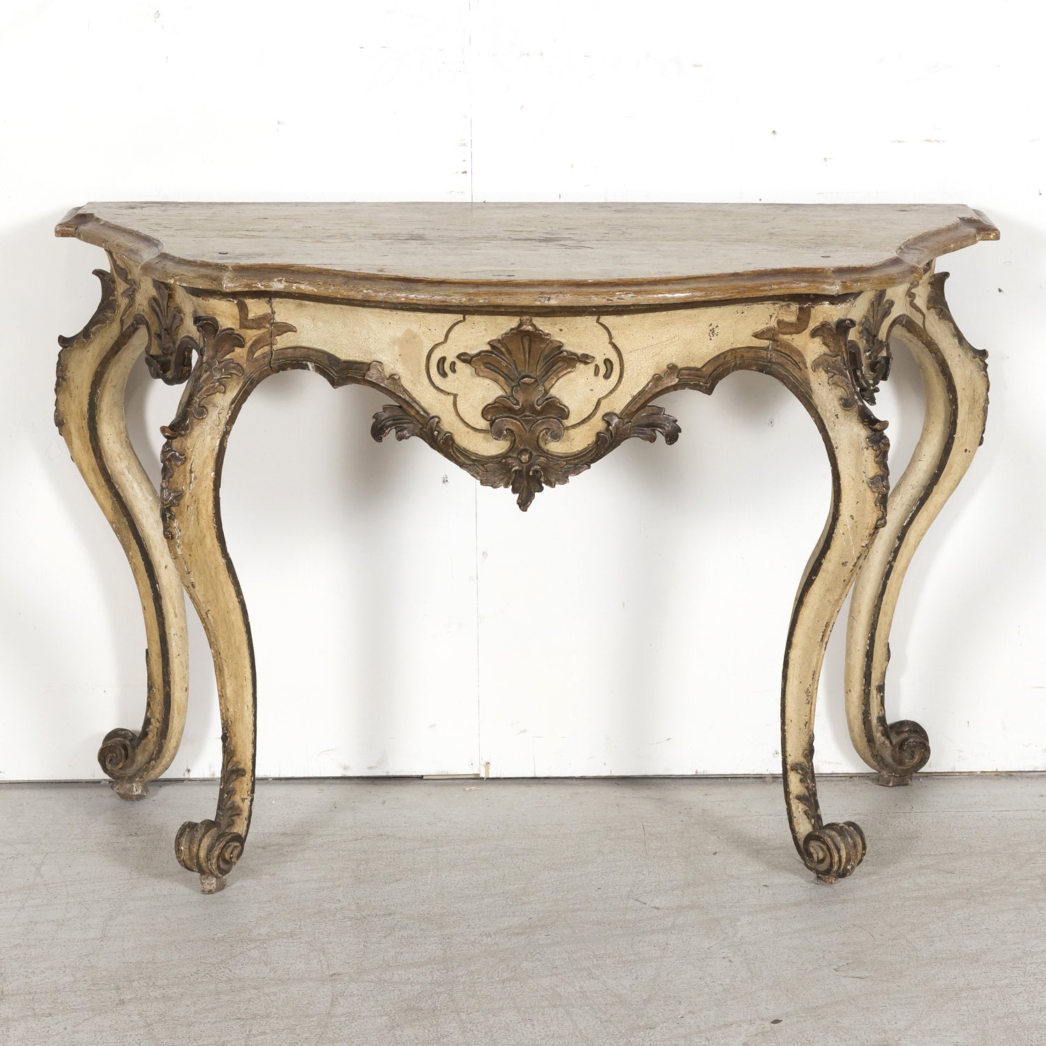 19th Century Italian Rococo Style Painted and Parcel Gilt Console Table