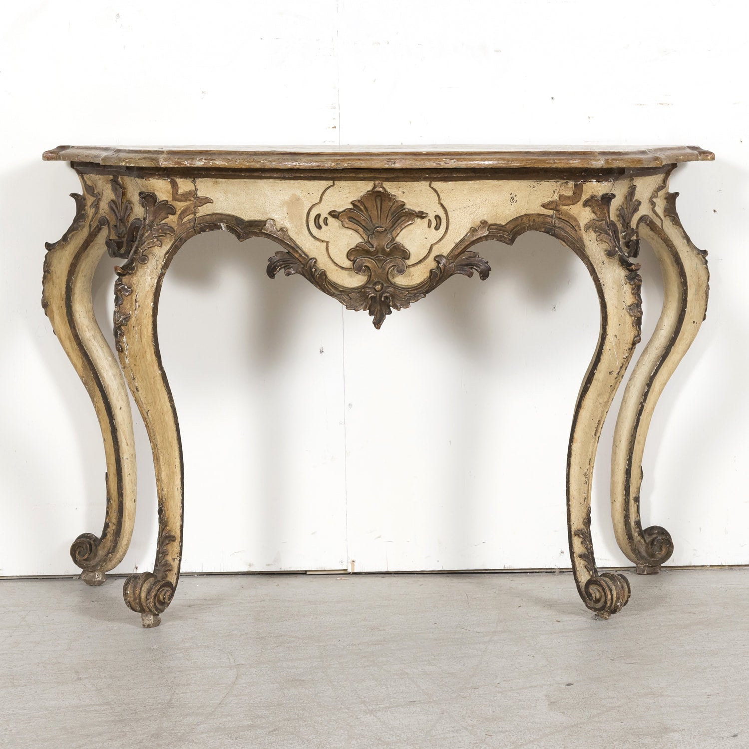 19th Century Italian Rococo Style Painted and Parcel Gilt Console Table