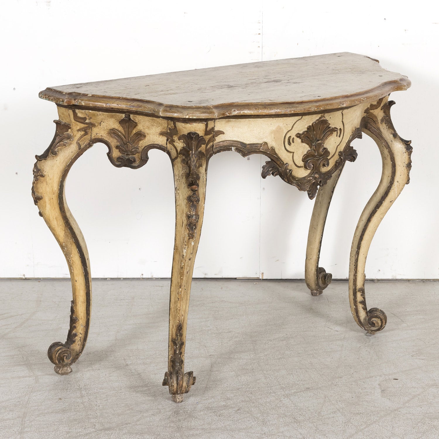 19th Century Italian Rococo Style Painted and Parcel Gilt Console Table