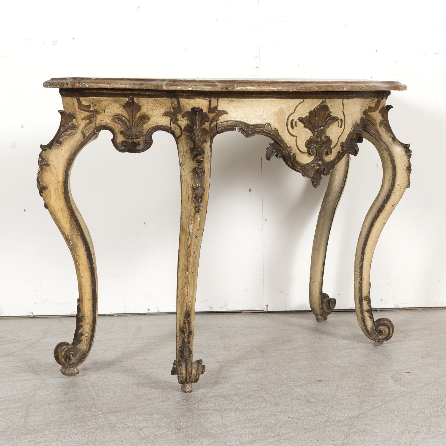 19th Century Italian Rococo Style Painted and Parcel Gilt Console Table