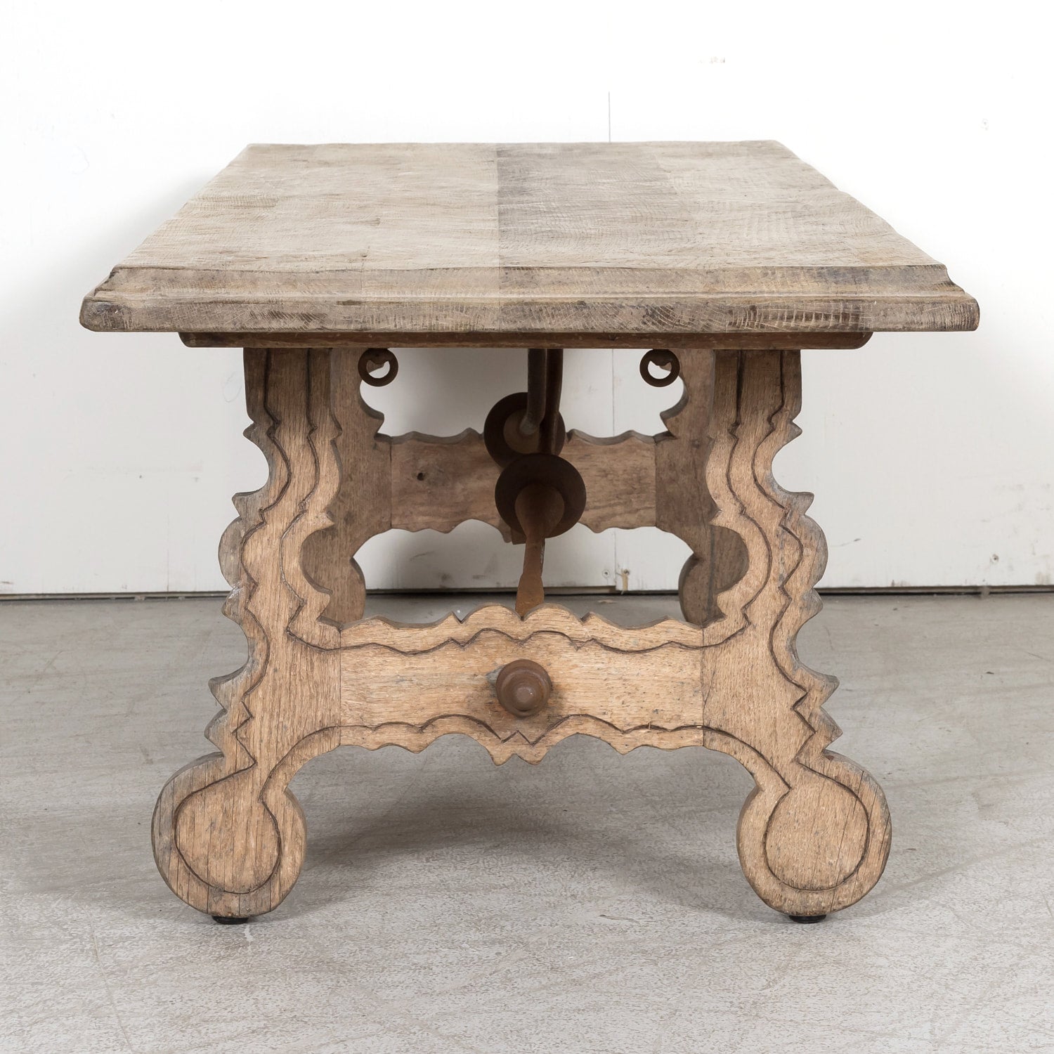 19th Century Spanish Baroque Style Bleached Oak Coffee Table with Iron Stretcher