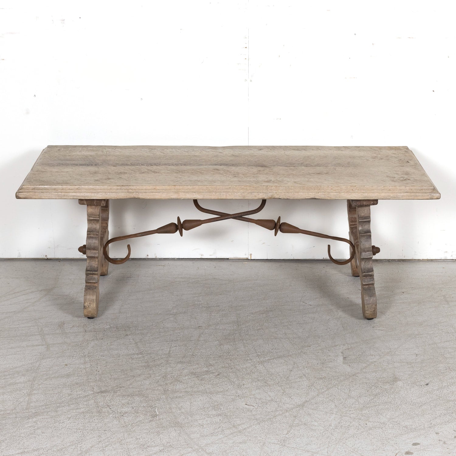 19th Century Spanish Baroque Style Bleached Oak Coffee Table with Iron Stretcher