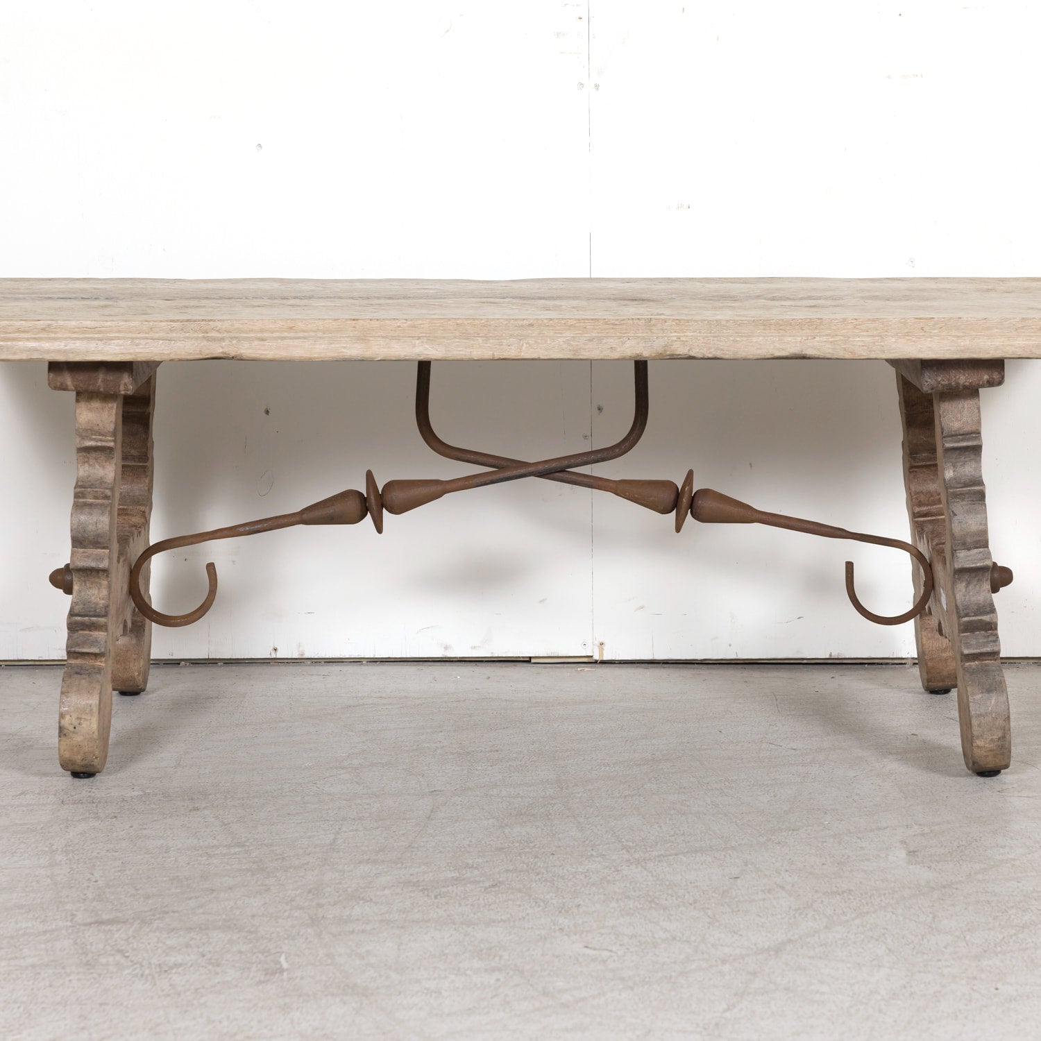 19th Century Spanish Baroque Style Bleached Oak Coffee Table with Iron Stretcher