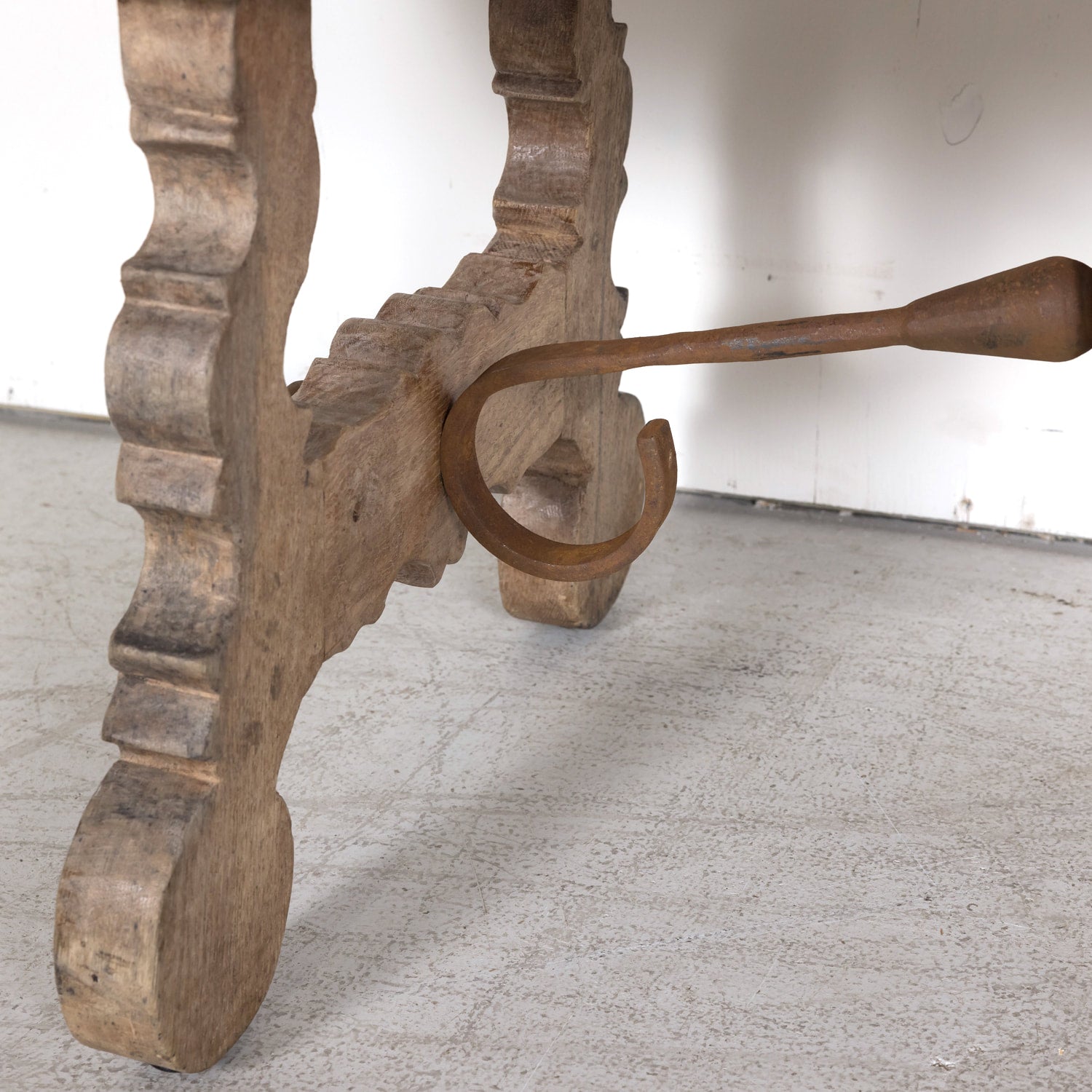 19th Century Spanish Baroque Style Bleached Oak Coffee Table with Iron Stretcher