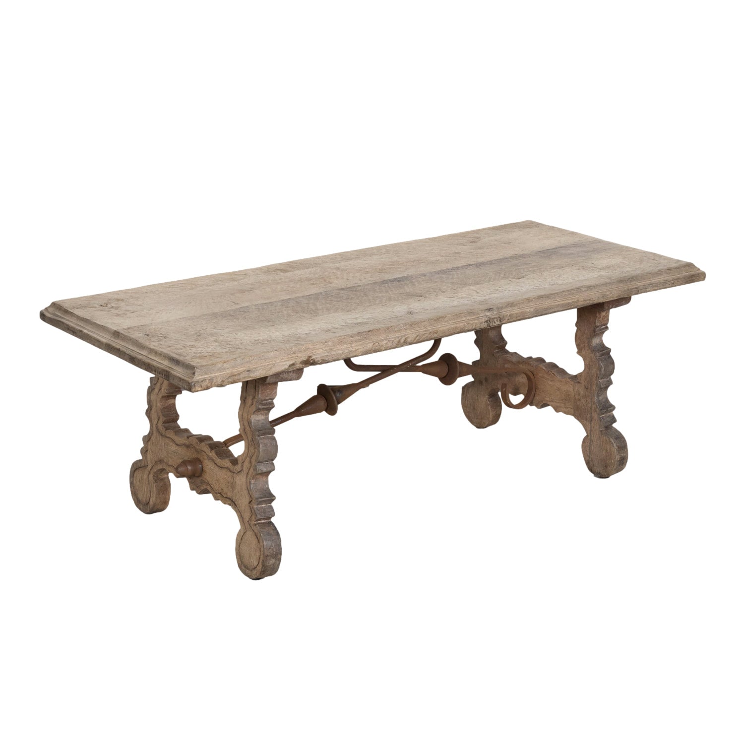 19th Century Spanish Baroque Style Bleached Oak Coffee Table with Iron Stretcher