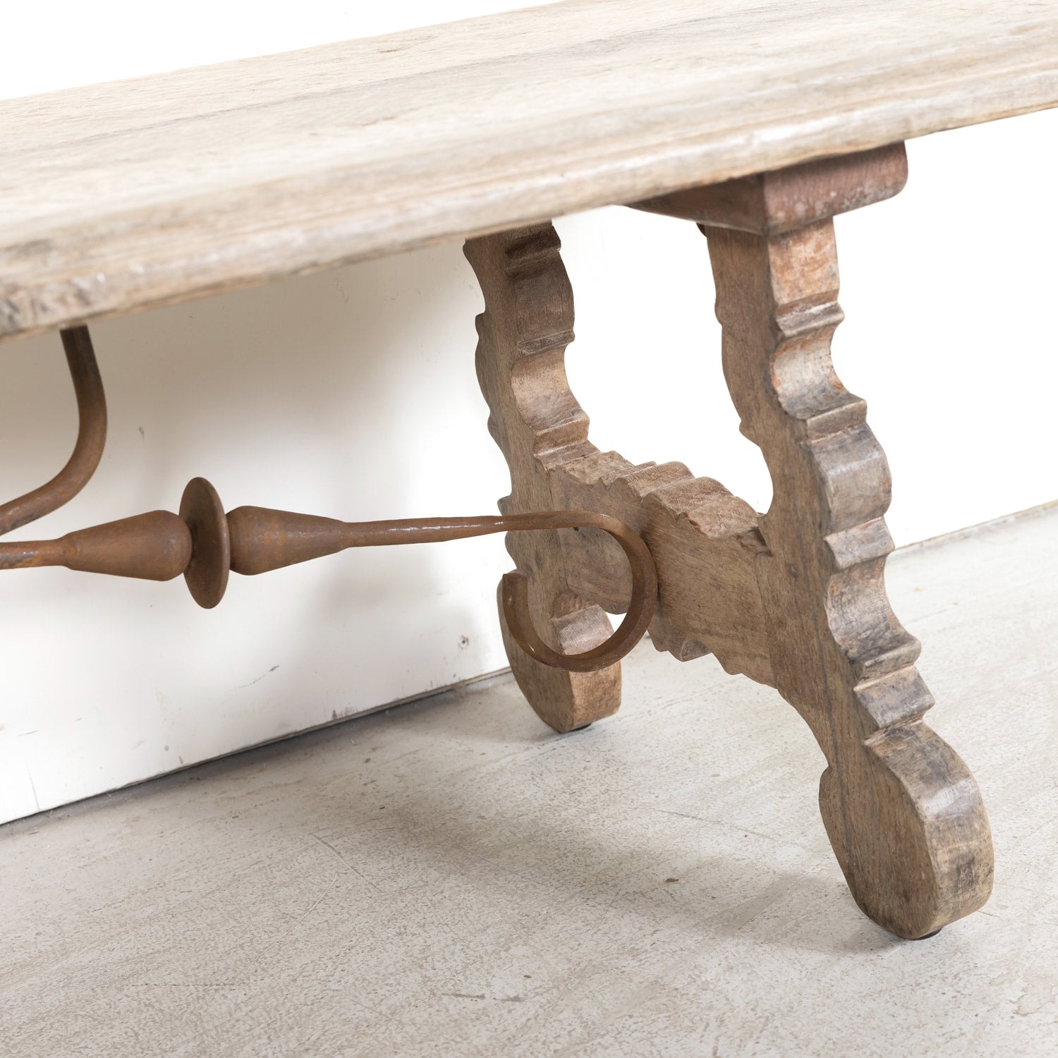 19th Century Spanish Baroque Style Bleached Oak Coffee Table with Iron Stretcher