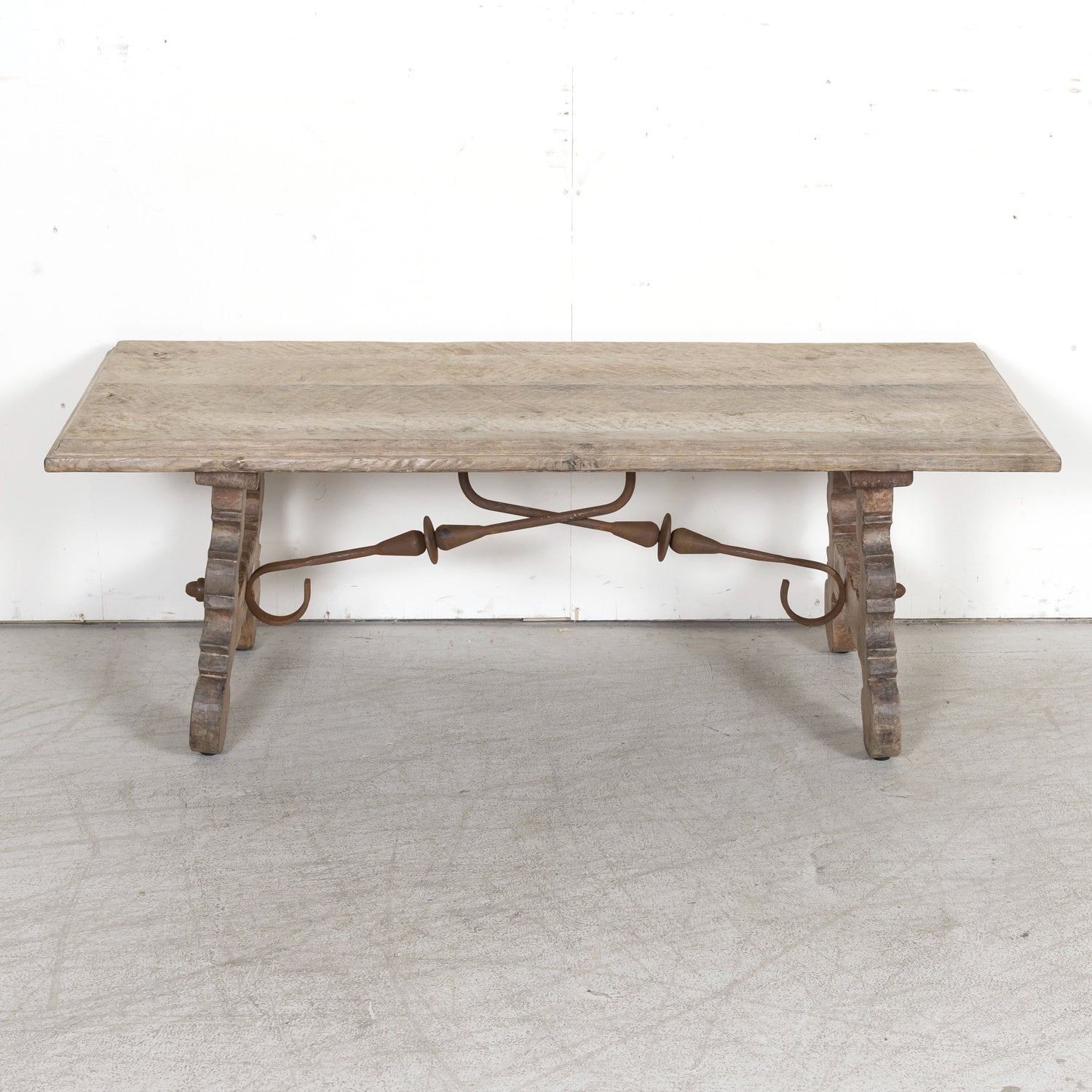 19th Century Spanish Baroque Style Bleached Oak Coffee Table with Iron Stretcher