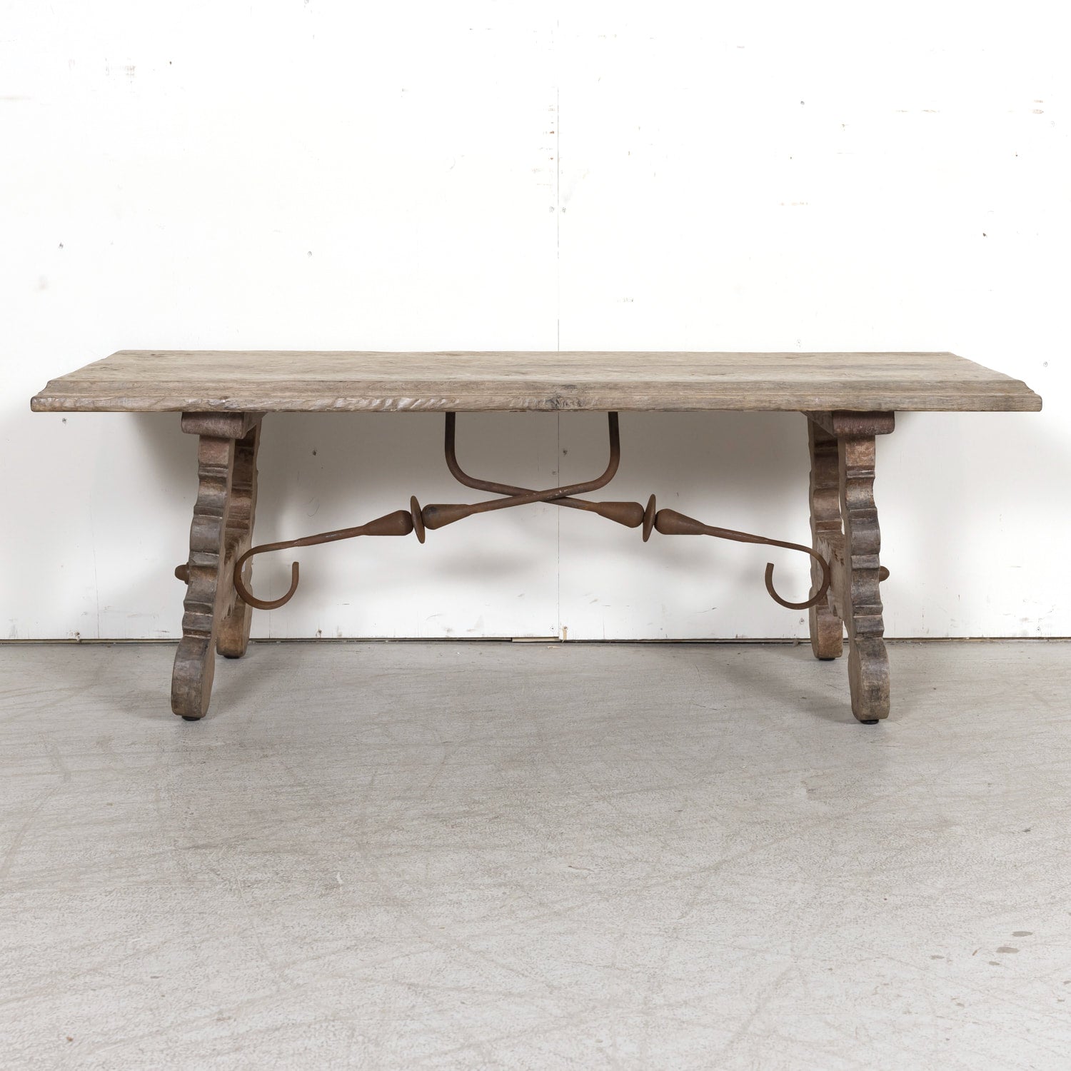 19th Century Spanish Baroque Style Bleached Oak Coffee Table with Iron Stretcher