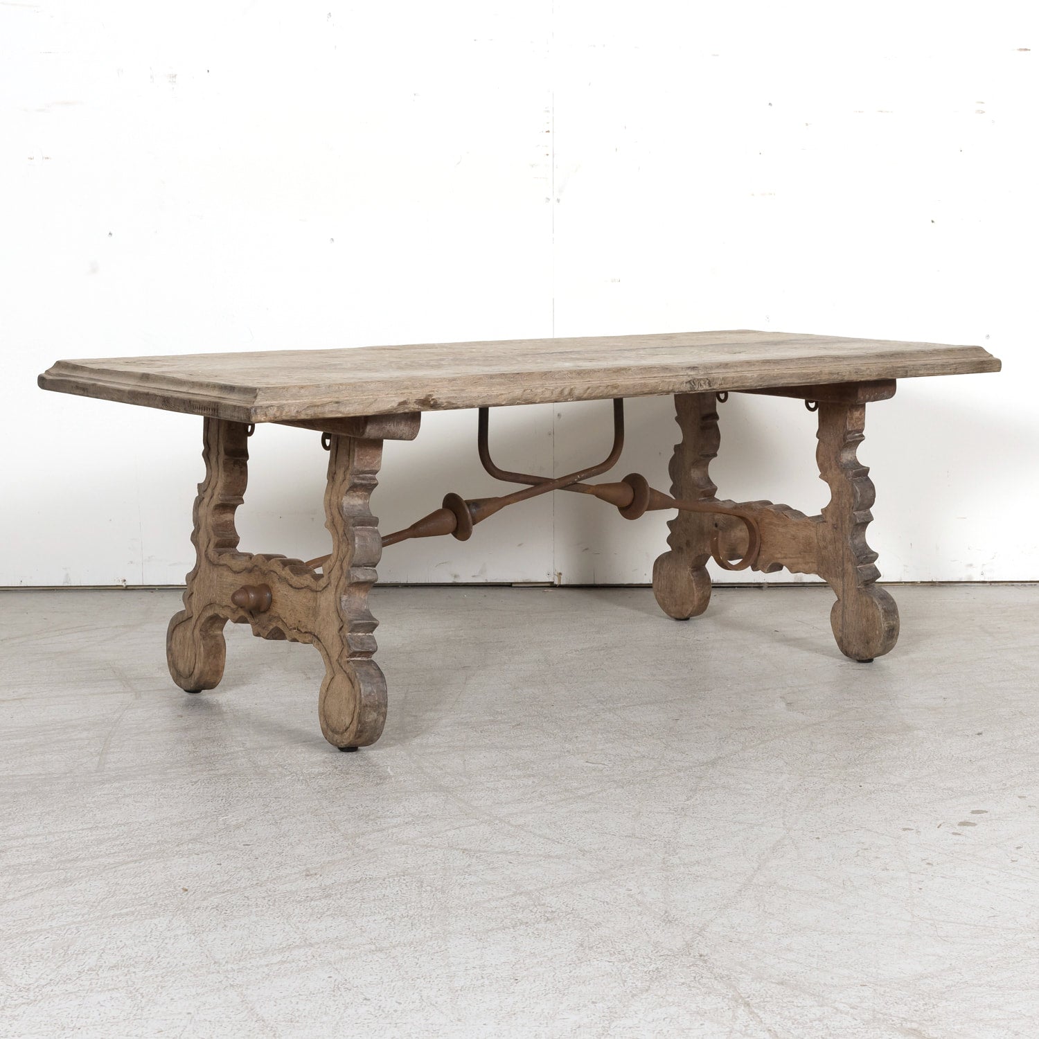 19th Century Spanish Baroque Style Bleached Oak Coffee Table with Iron Stretcher