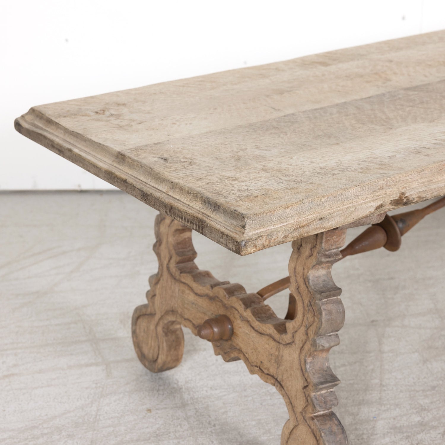 19th Century Spanish Baroque Style Bleached Oak Coffee Table with Iron Stretcher