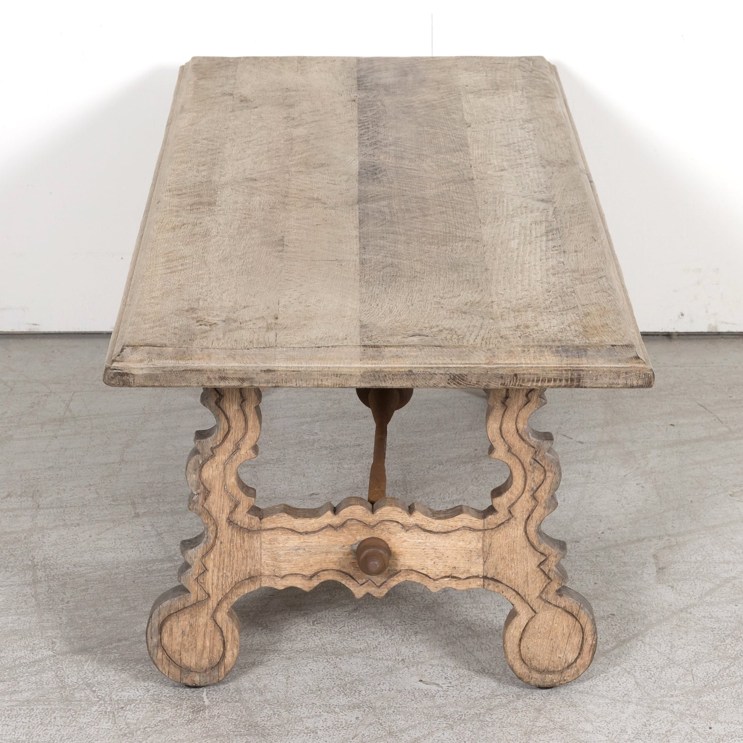 19th Century Spanish Baroque Style Bleached Oak Coffee Table with Iron Stretcher