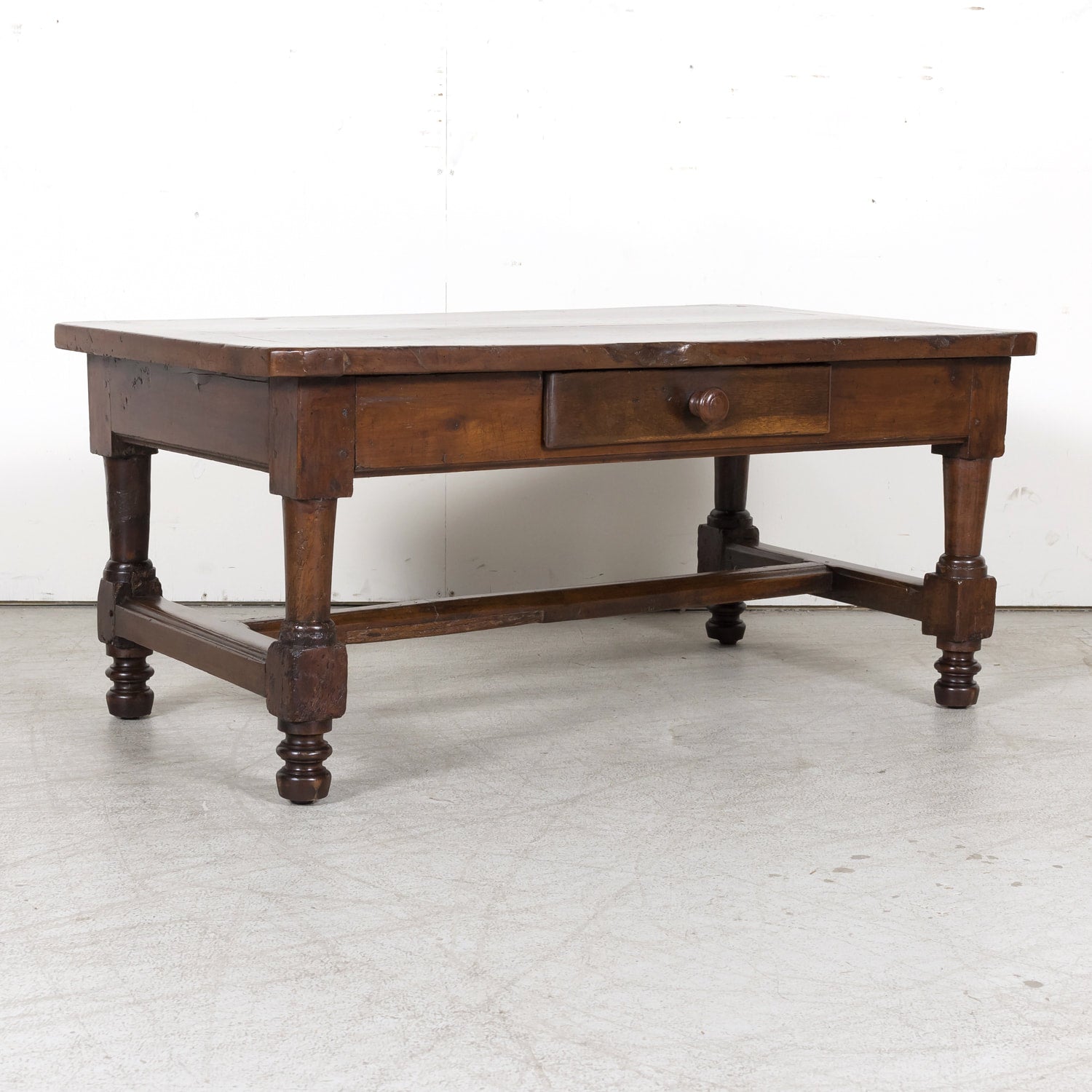 18th Century French Country Solid Walnut Coffee Table with Drawer