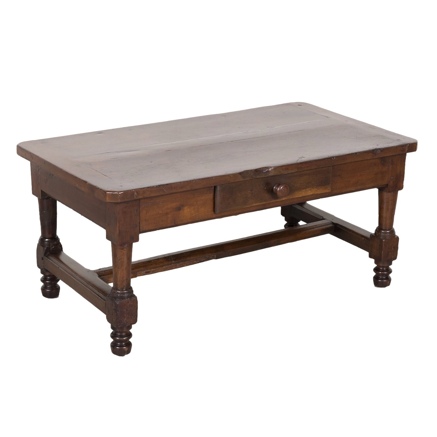 18th Century French Country Solid Walnut Coffee Table with Drawer