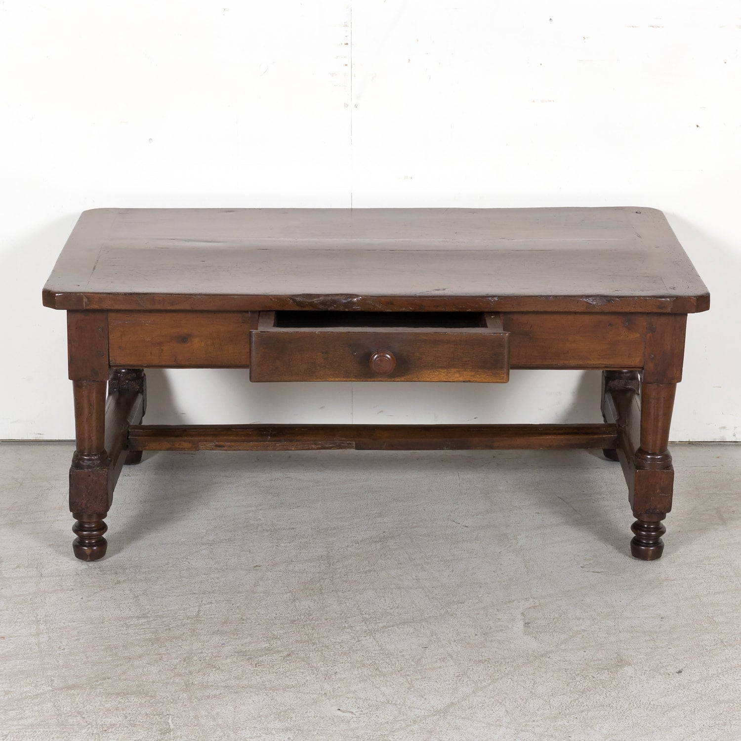 18th Century French Country Solid Walnut Coffee Table with Drawer