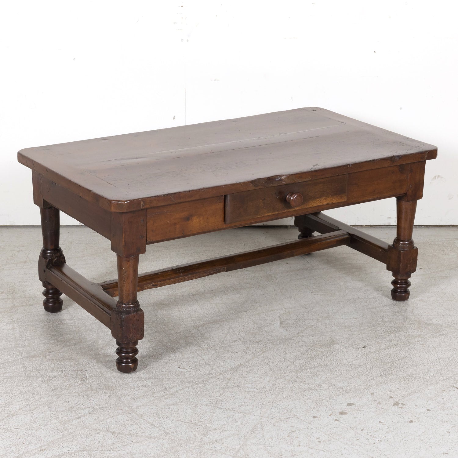18th Century French Country Solid Walnut Coffee Table with Drawer