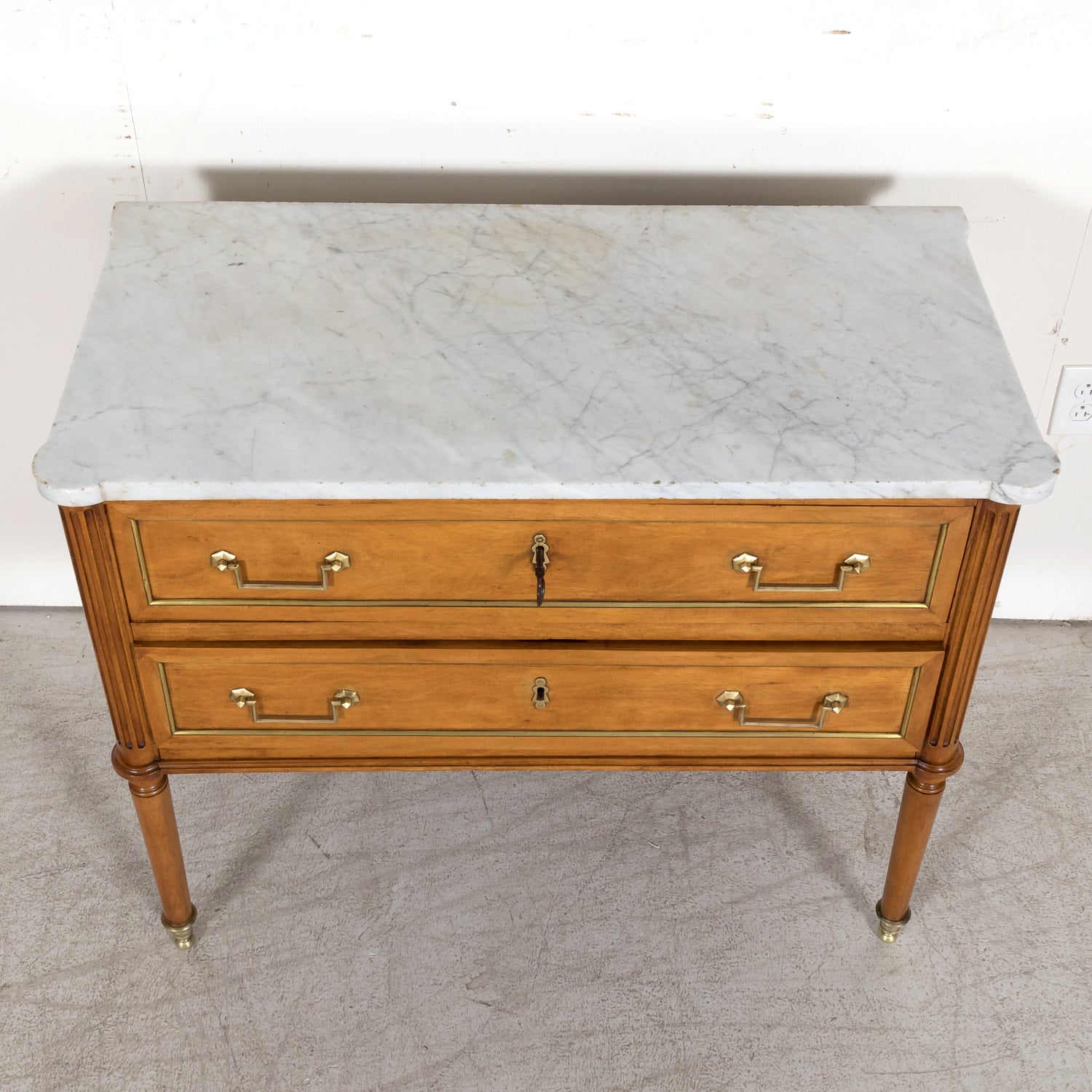 Mid 18th Century French Louis XVI Period Walnut Commode Sauteuse with Carrara Marble Top