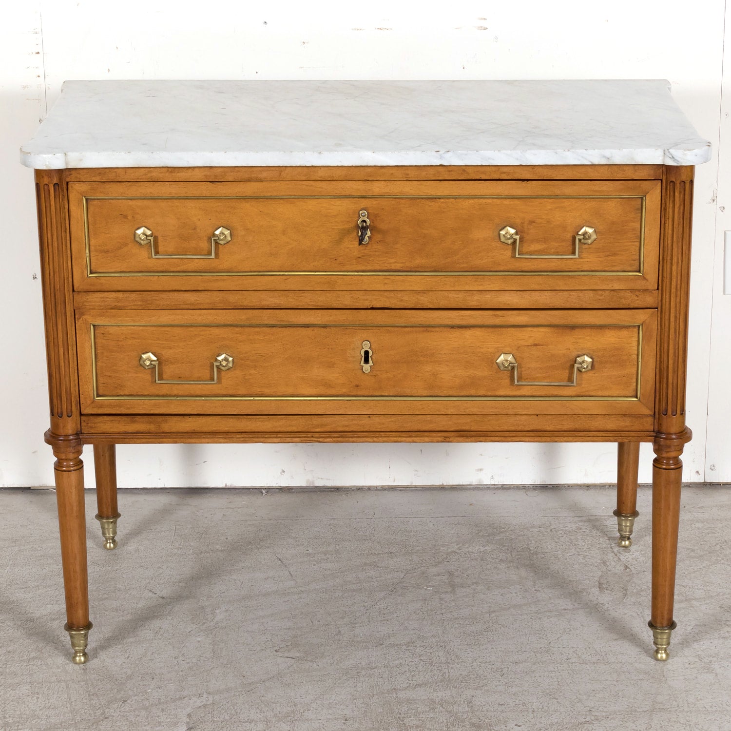 Mid 18th Century French Louis XVI Period Walnut Commode Sauteuse with Carrara Marble Top