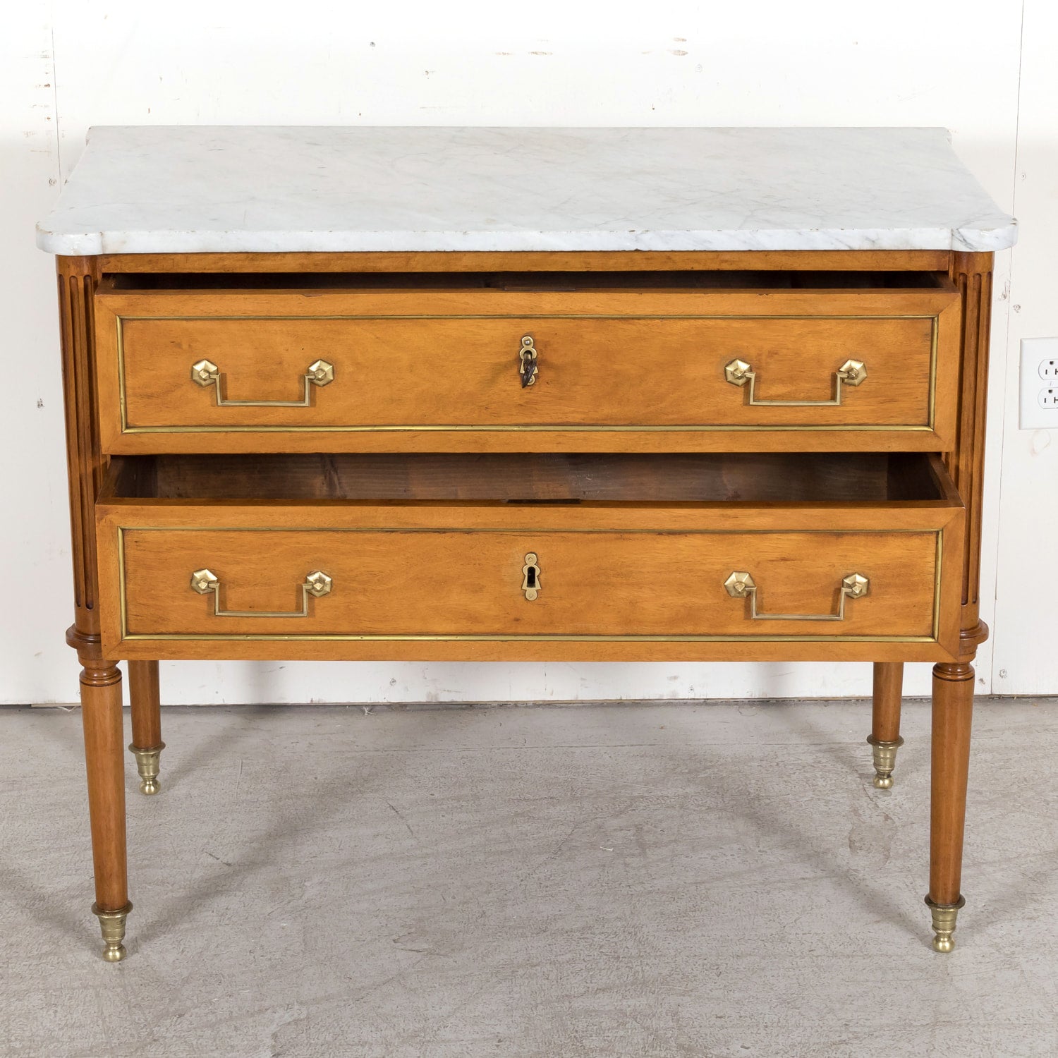 Mid 18th Century French Louis XVI Period Walnut Commode Sauteuse with Carrara Marble Top