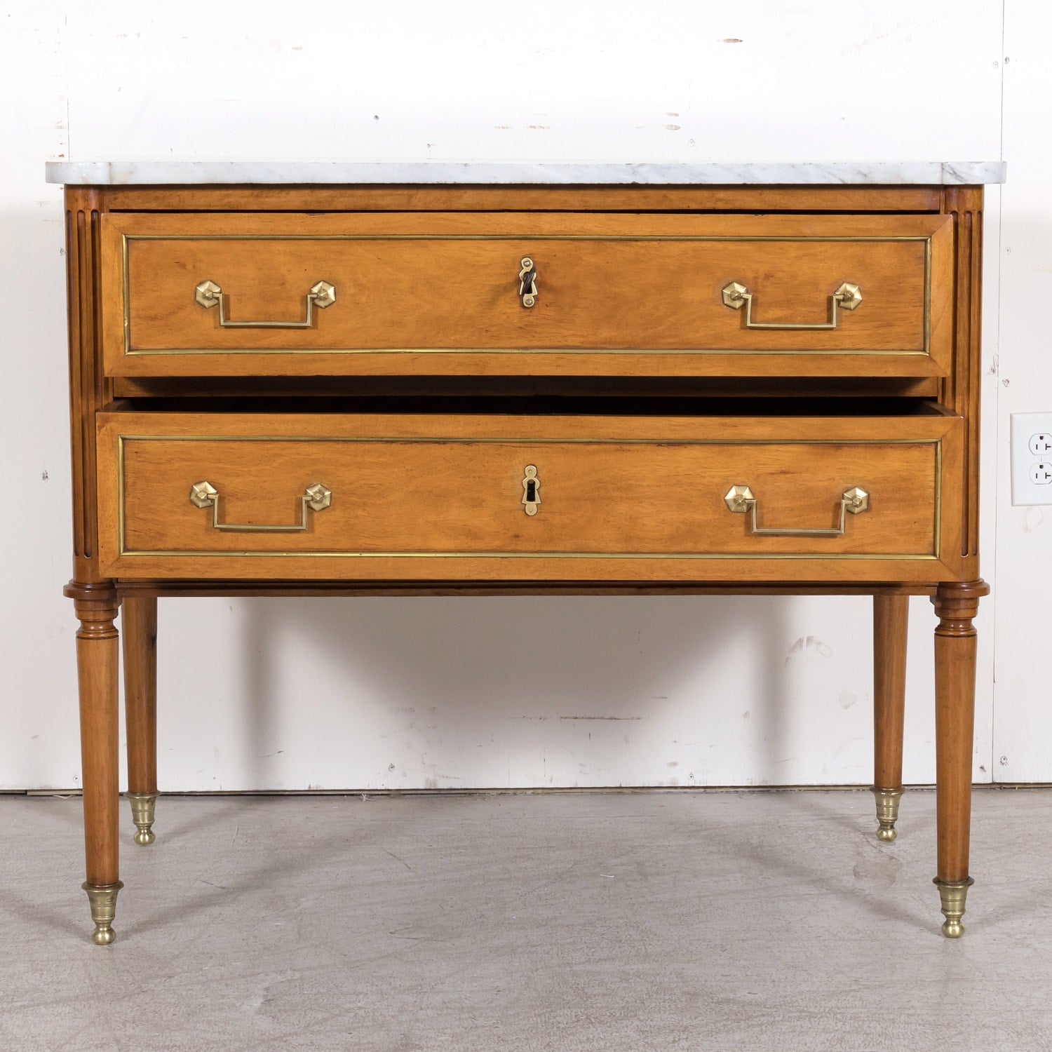 Mid 18th Century French Louis XVI Period Walnut Commode Sauteuse with Carrara Marble Top