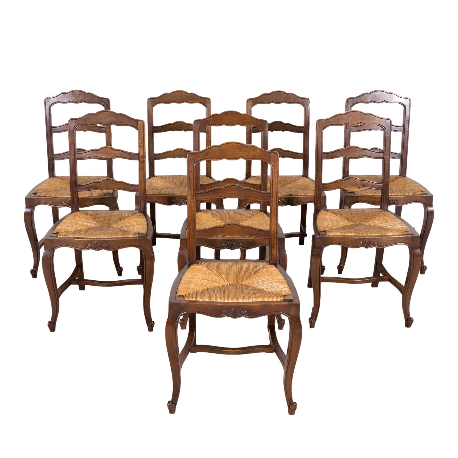 19th Century Country French Louis XV Style Walnut Ladder Back Dining Chairs with Rush Seats, Set of Eight