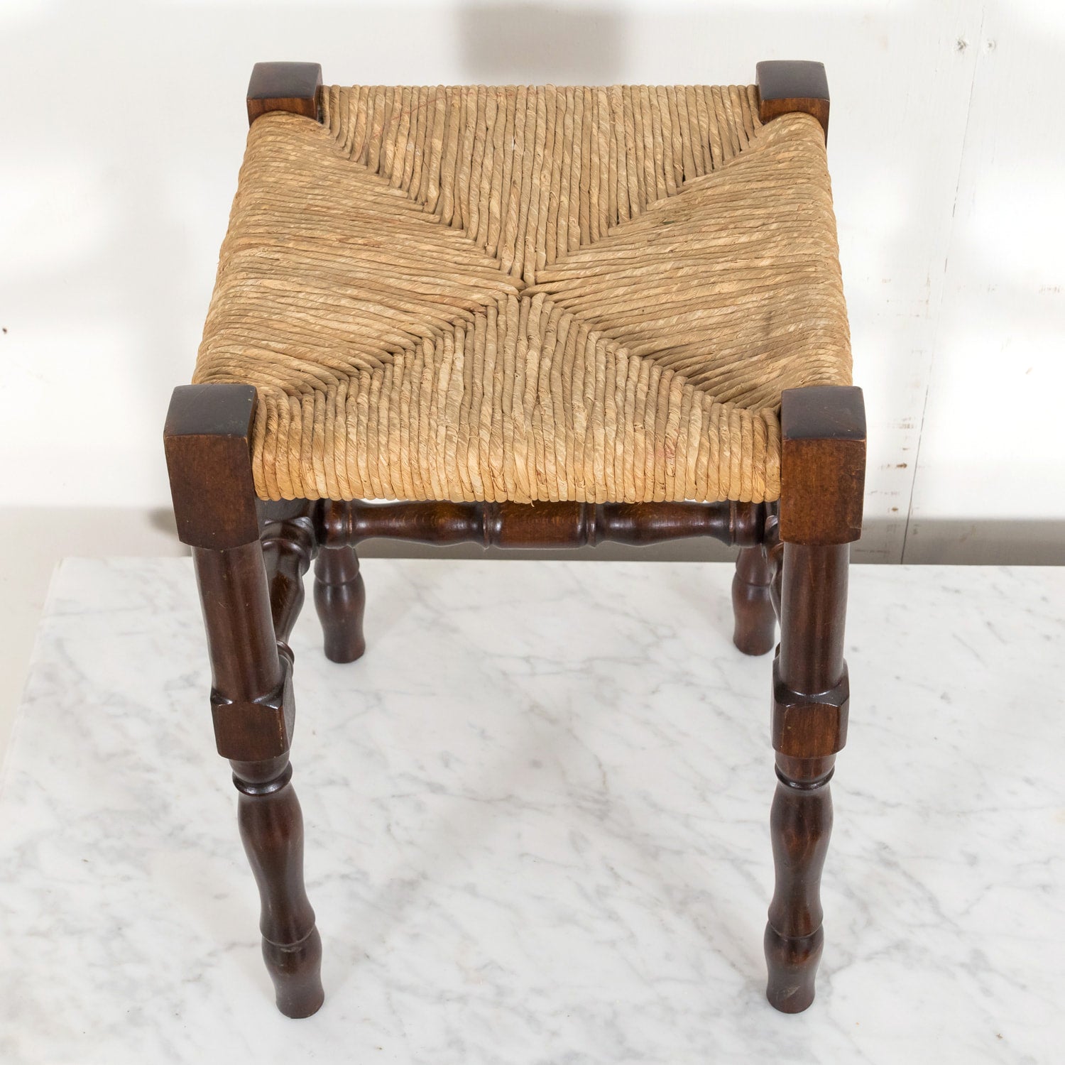 Antique French Country Carved Walnut Tabouret or Stool with Rush Seat