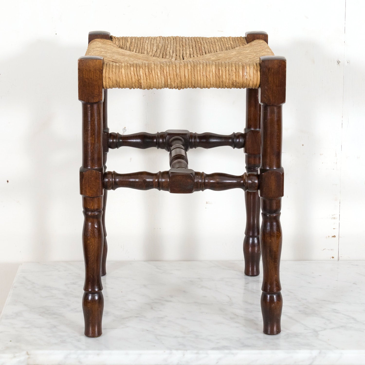 Antique French Country Carved Walnut Tabouret or Stool with Rush Seat