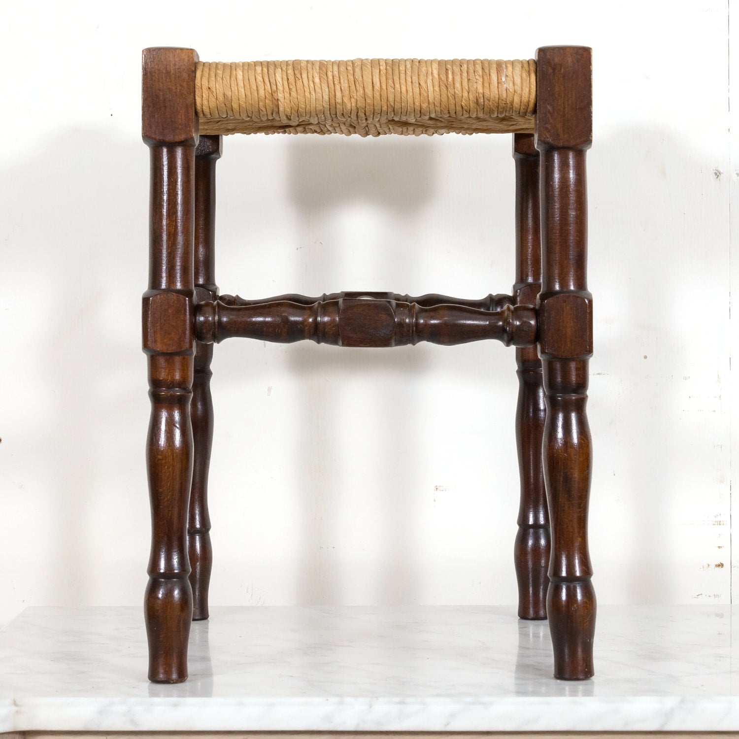 Antique French Country Carved Walnut Tabouret or Stool with Rush Seat