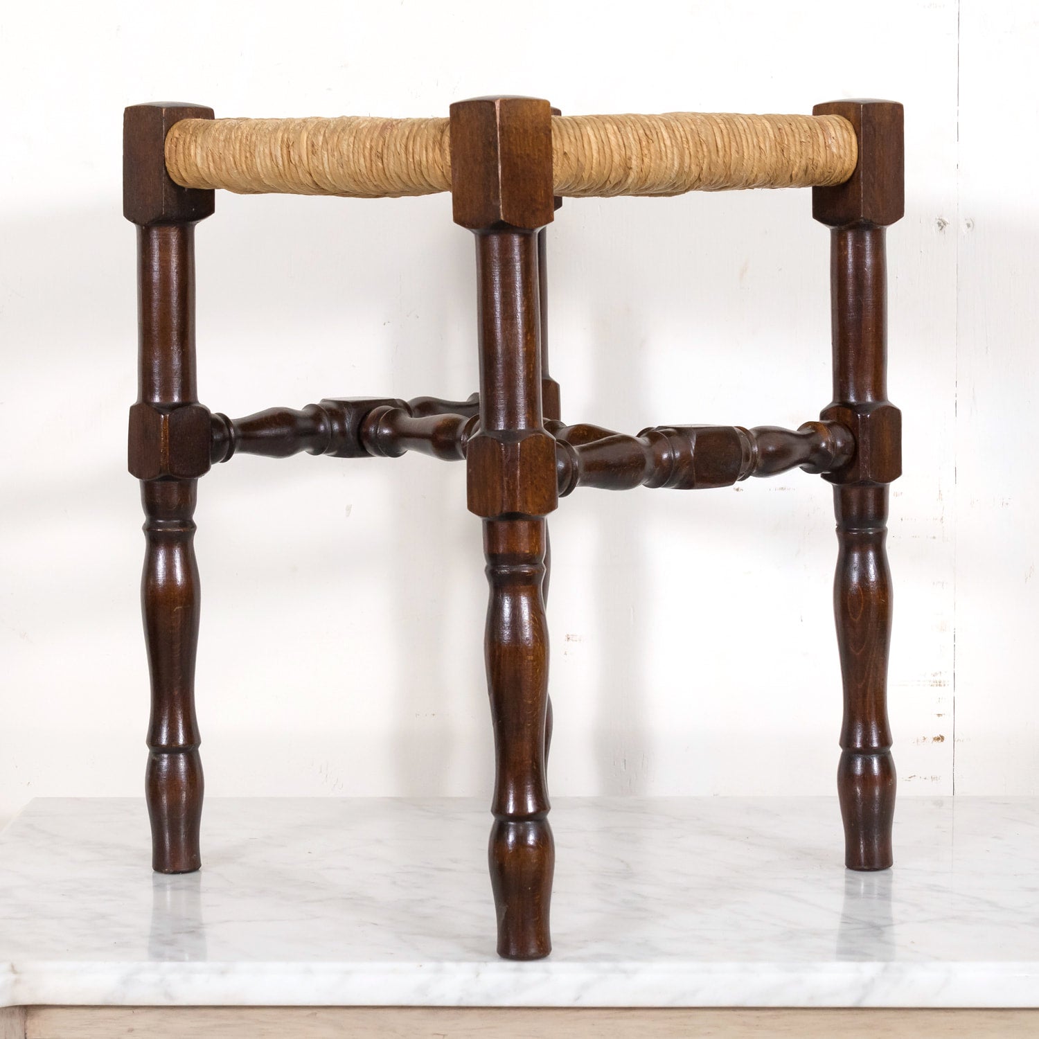 Antique French Country Carved Walnut Tabouret or Stool with Rush Seat