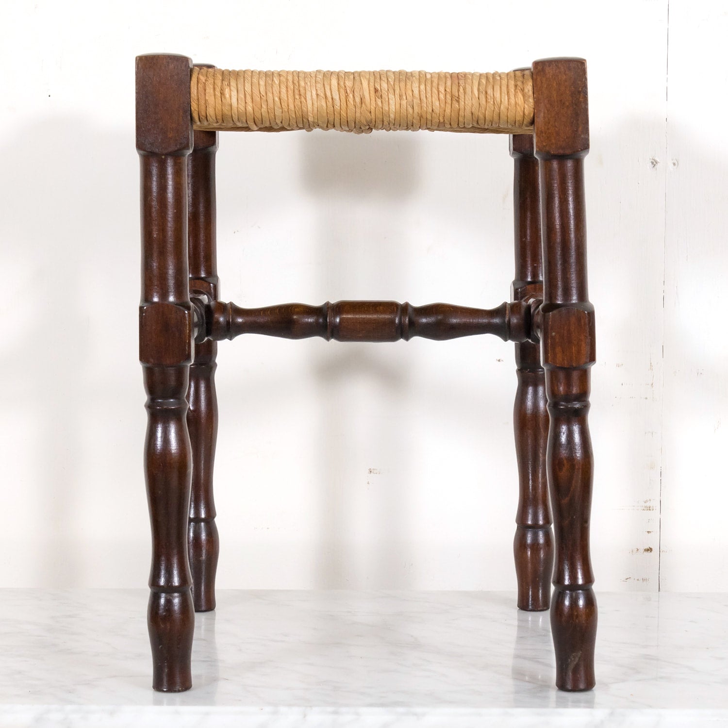 Antique French Country Carved Walnut Tabouret or Stool with Rush Seat