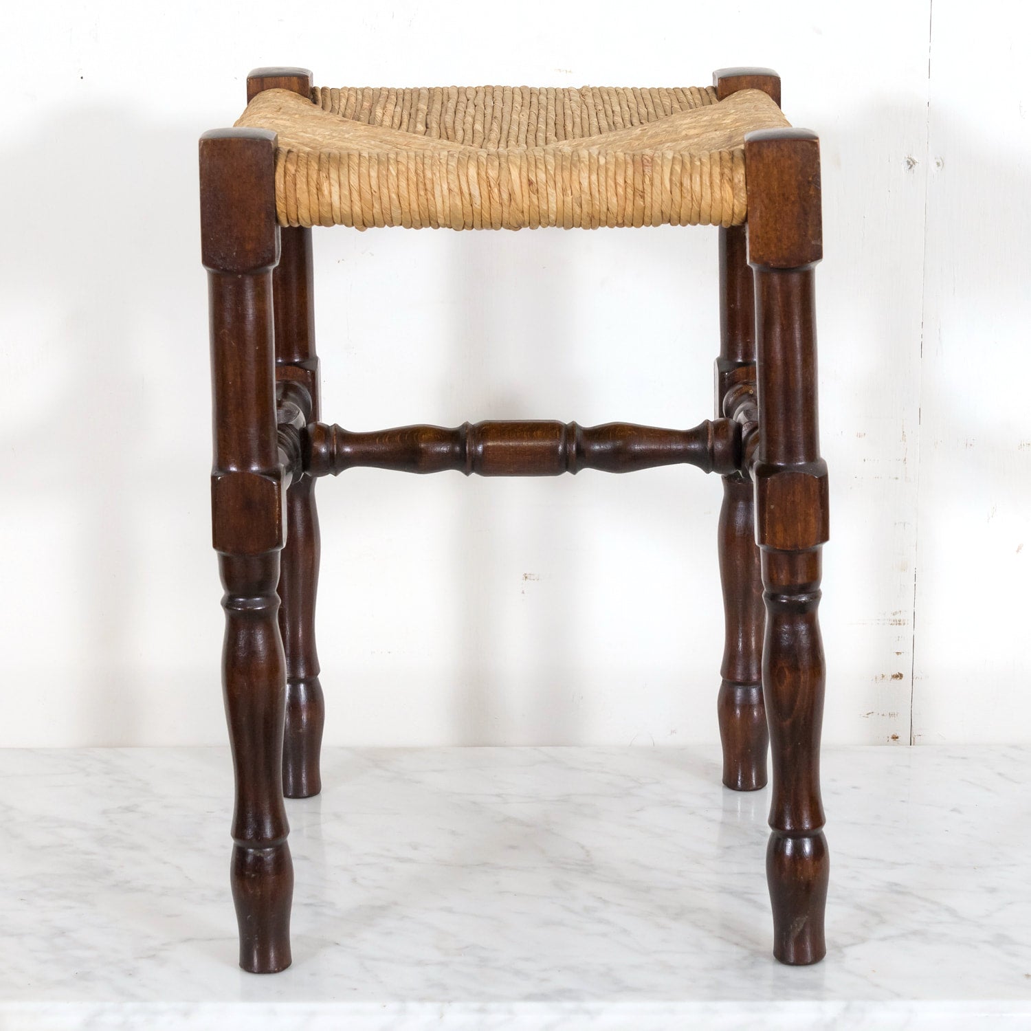 Antique French Country Carved Walnut Tabouret or Stool with Rush Seat
