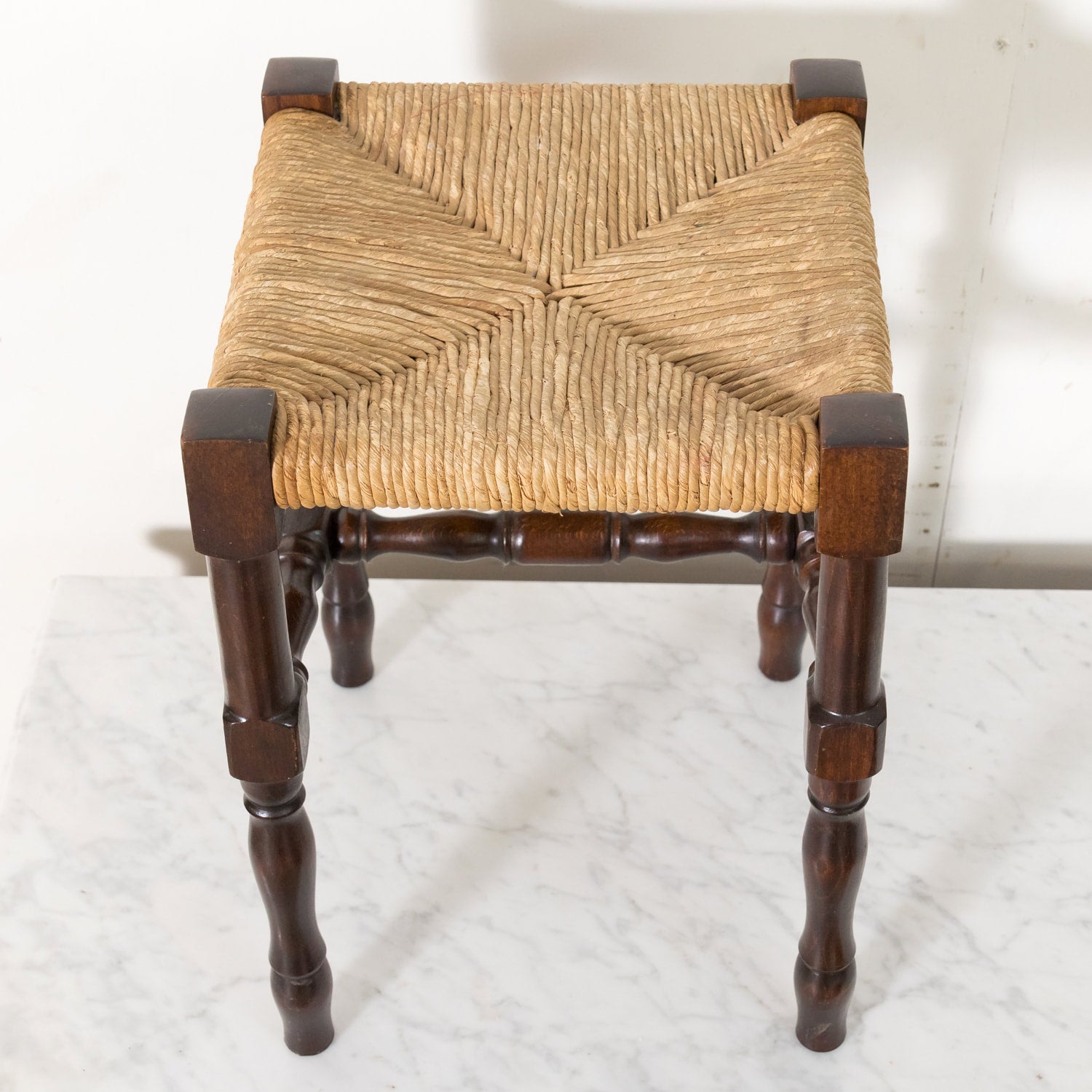 Antique French Country Carved Walnut Tabouret or Stool with Rush Seat