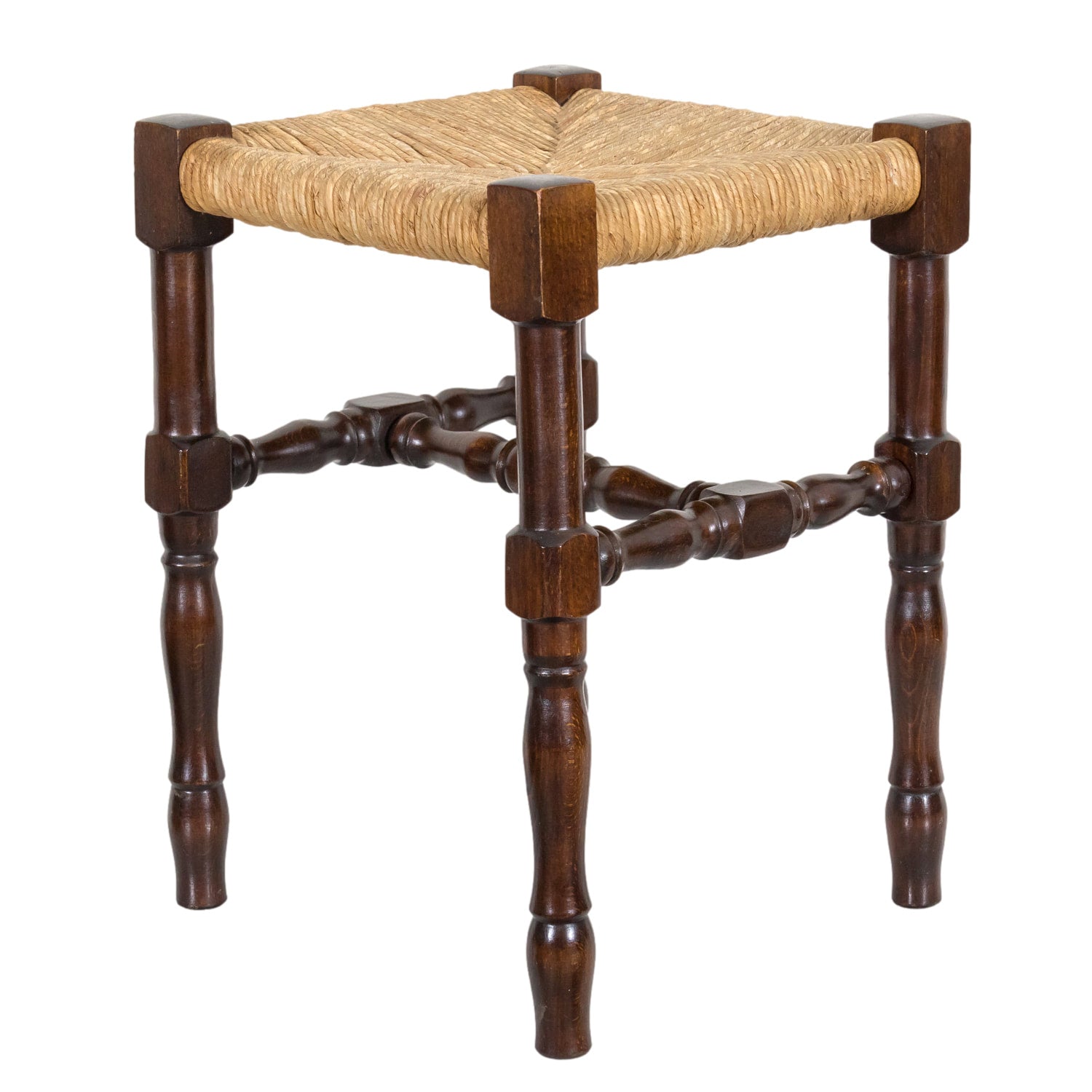 Antique French Country Carved Walnut Tabouret or Stool with Rush Seat