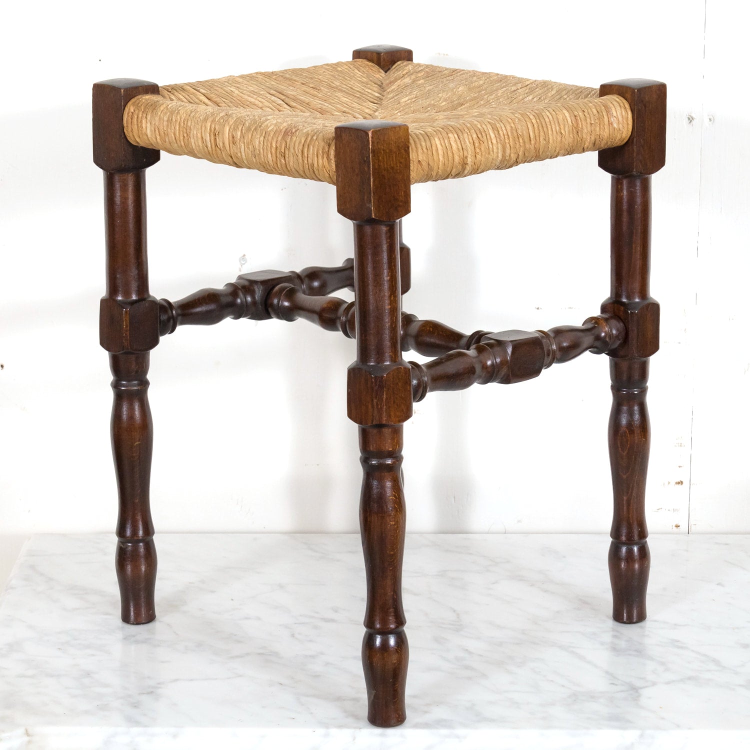 Antique French Country Carved Walnut Tabouret or Stool with Rush Seat