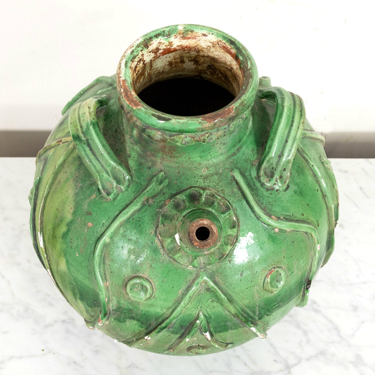 Exceptional and Rare Early 19th Century French Glazed Terracotta Walnut Oil Jug