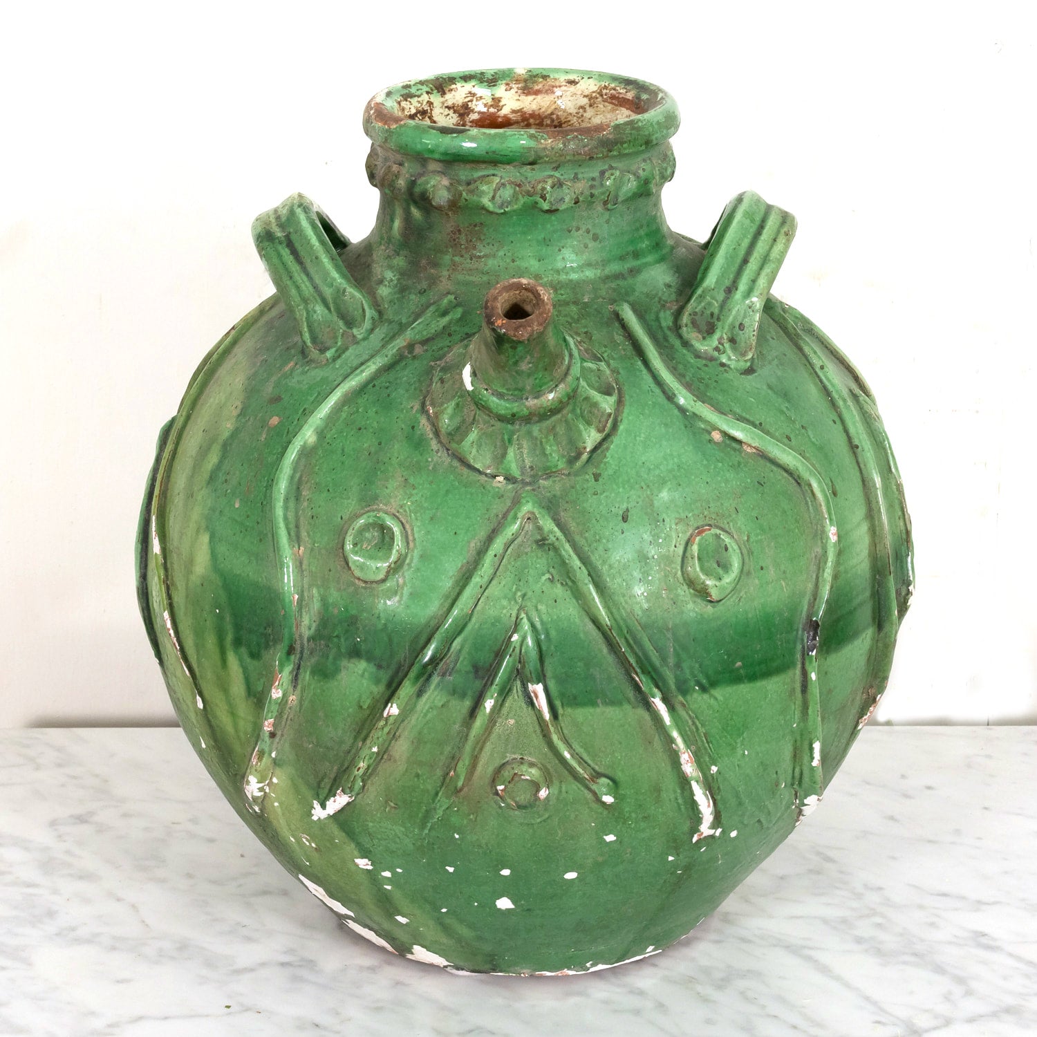 Exceptional and Rare Early 19th Century French Glazed Terracotta Walnut Oil Jug