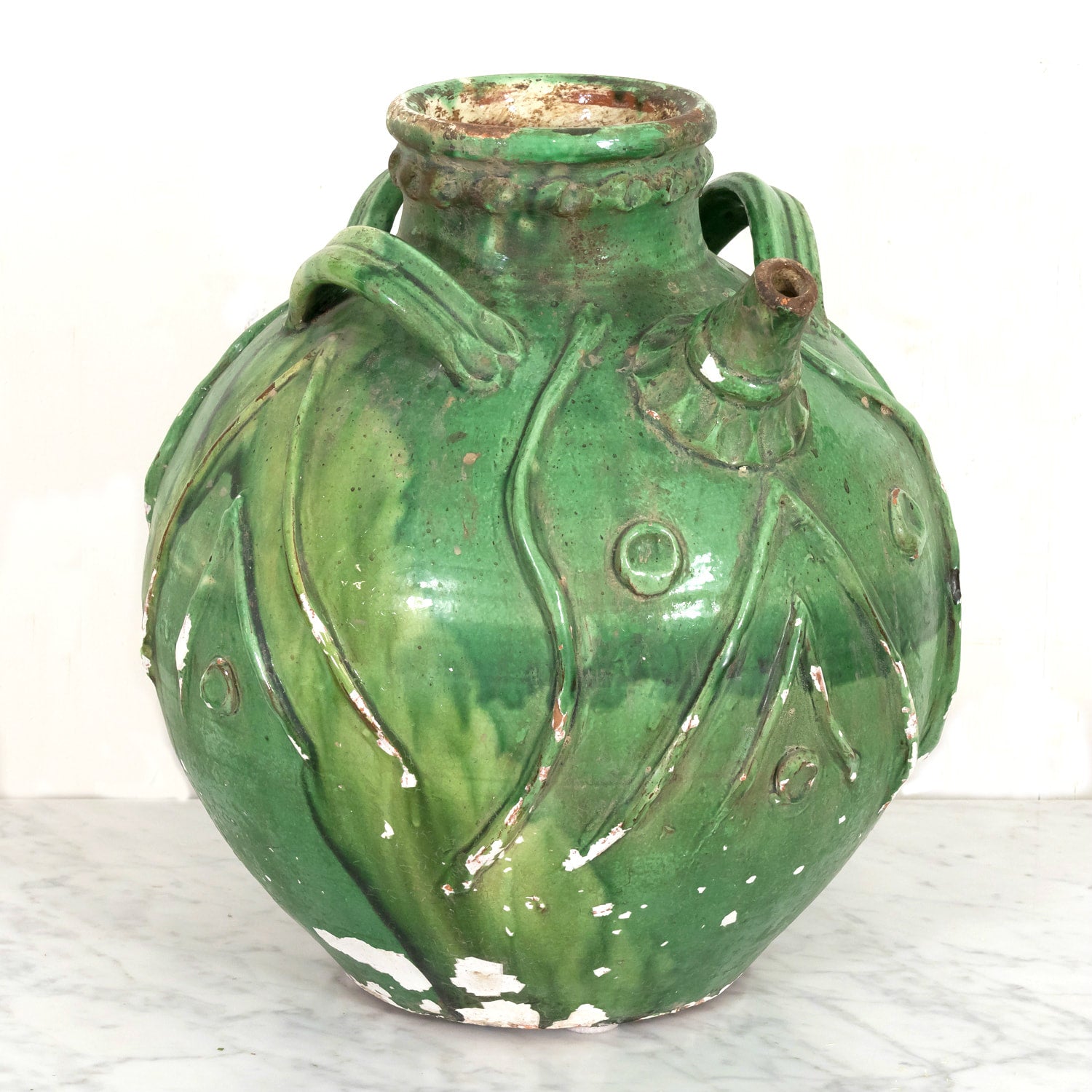 Exceptional and Rare Early 19th Century French Glazed Terracotta Walnut Oil Jug