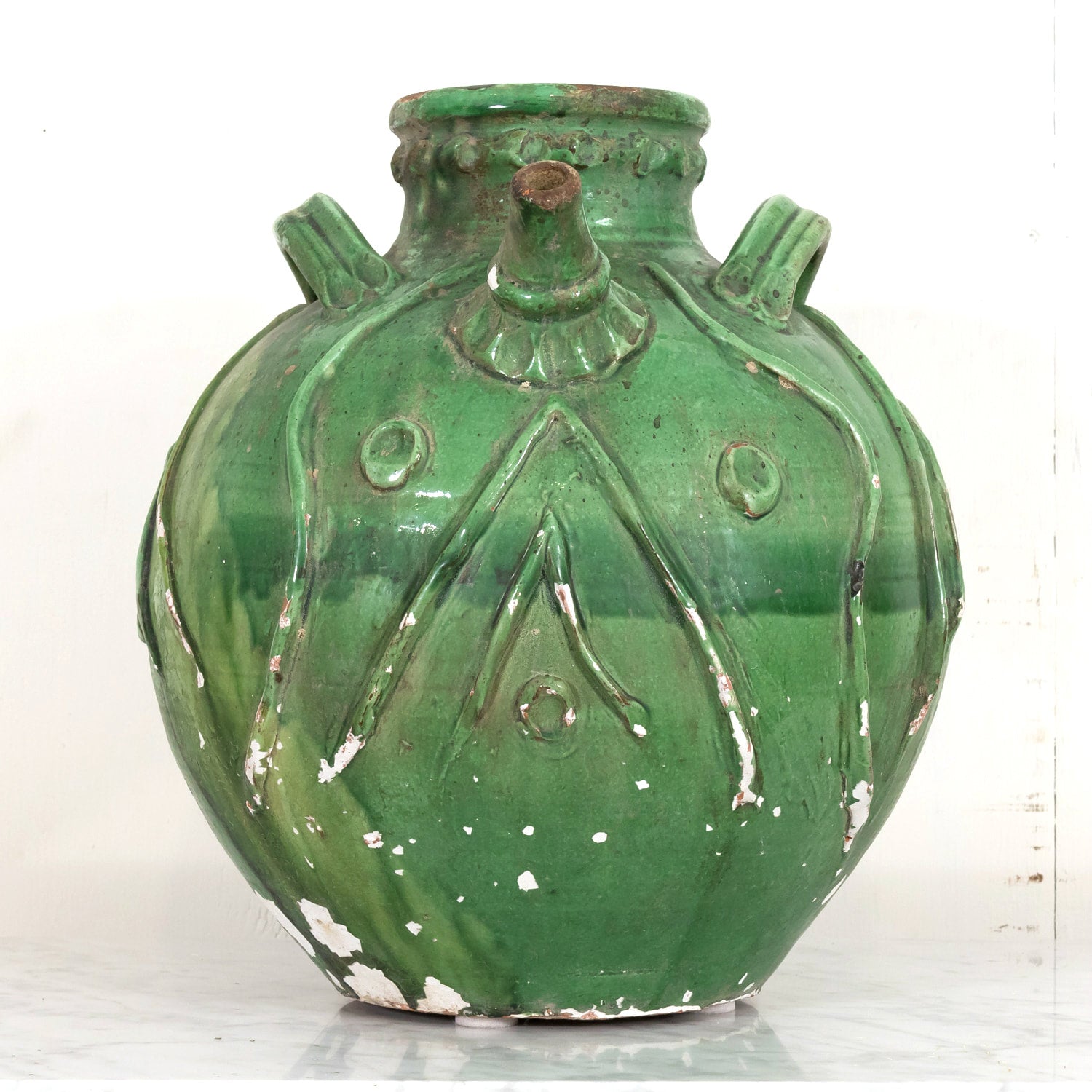 Exceptional and Rare Early 19th Century French Glazed Terracotta Walnut Oil Jug