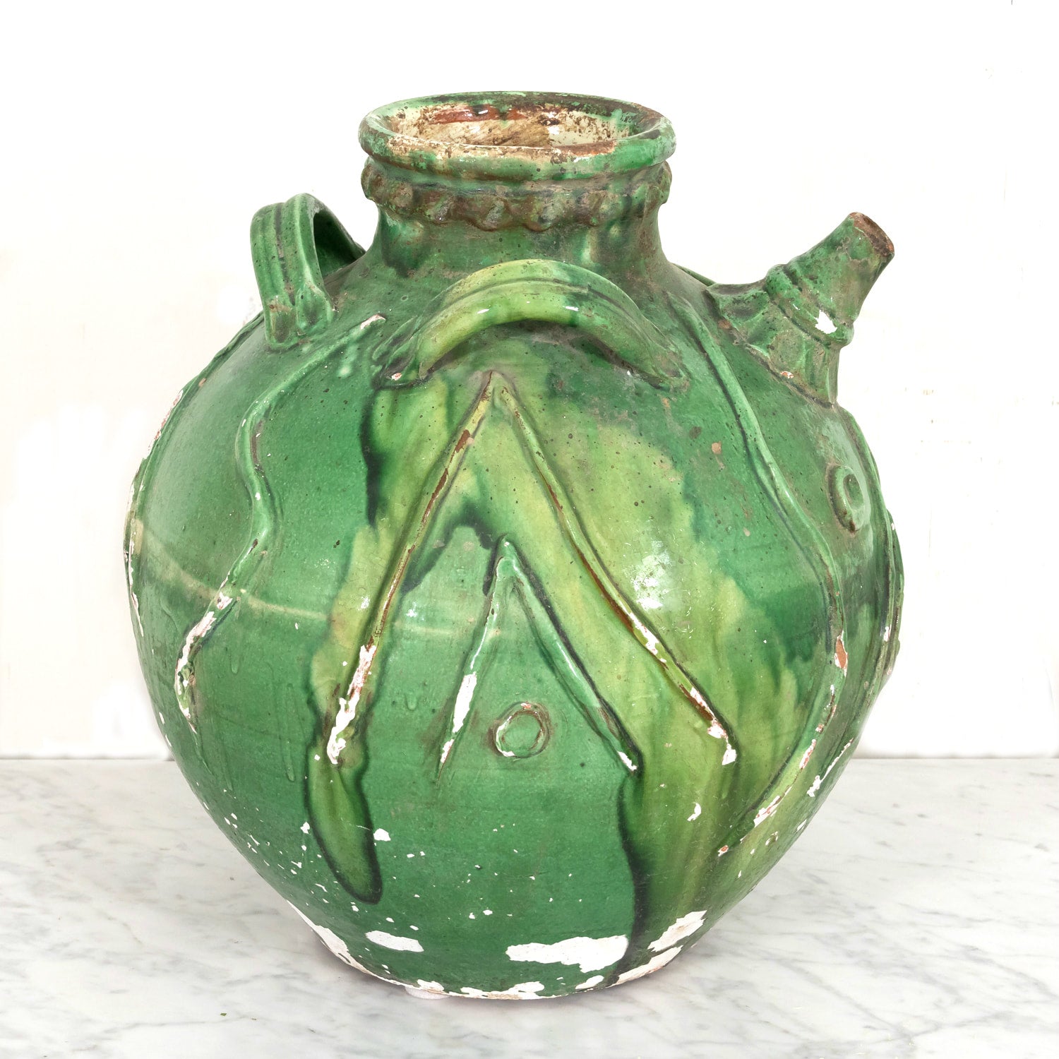Exceptional and Rare Early 19th Century French Glazed Terracotta Walnut Oil Jug