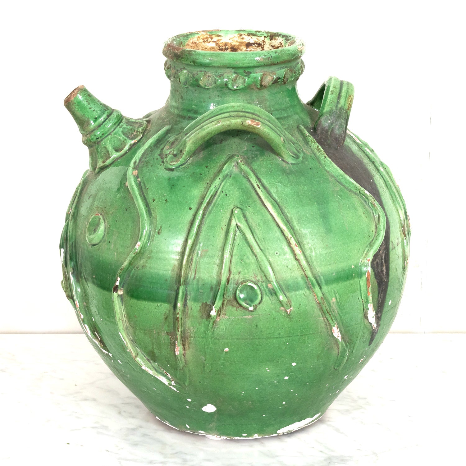 Exceptional and Rare Early 19th Century French Glazed Terracotta Walnut Oil Jug
