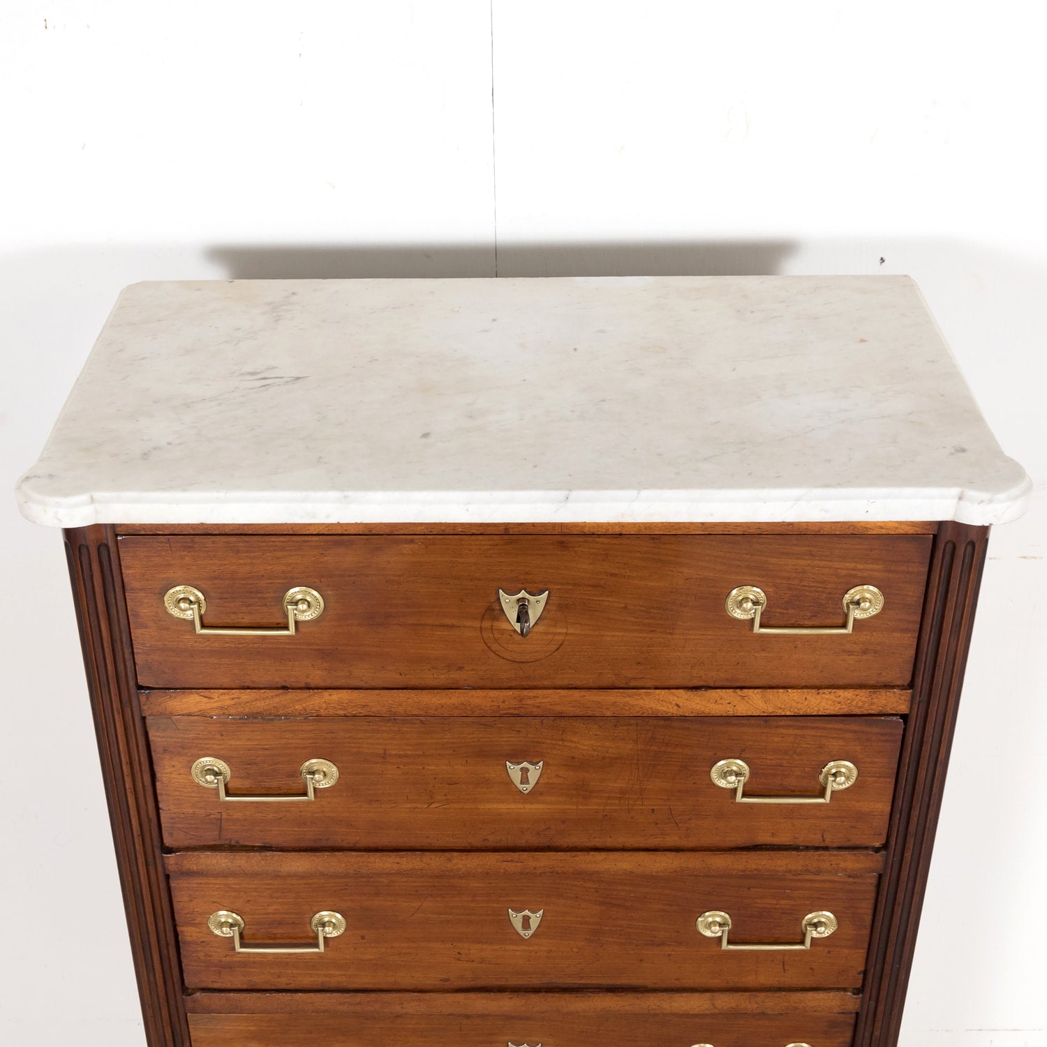 Early 19th Century French Louis XVI Style Tall Mahogany Gentleman's Chest of Drawers or Chiffoniere with Marble Top
