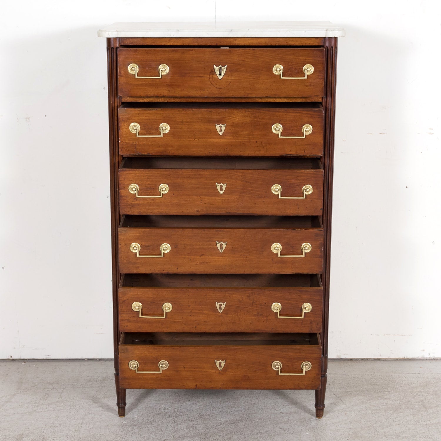 Early 19th Century French Louis XVI Style Tall Mahogany Gentleman's Chest of Drawers or Chiffoniere with Marble Top