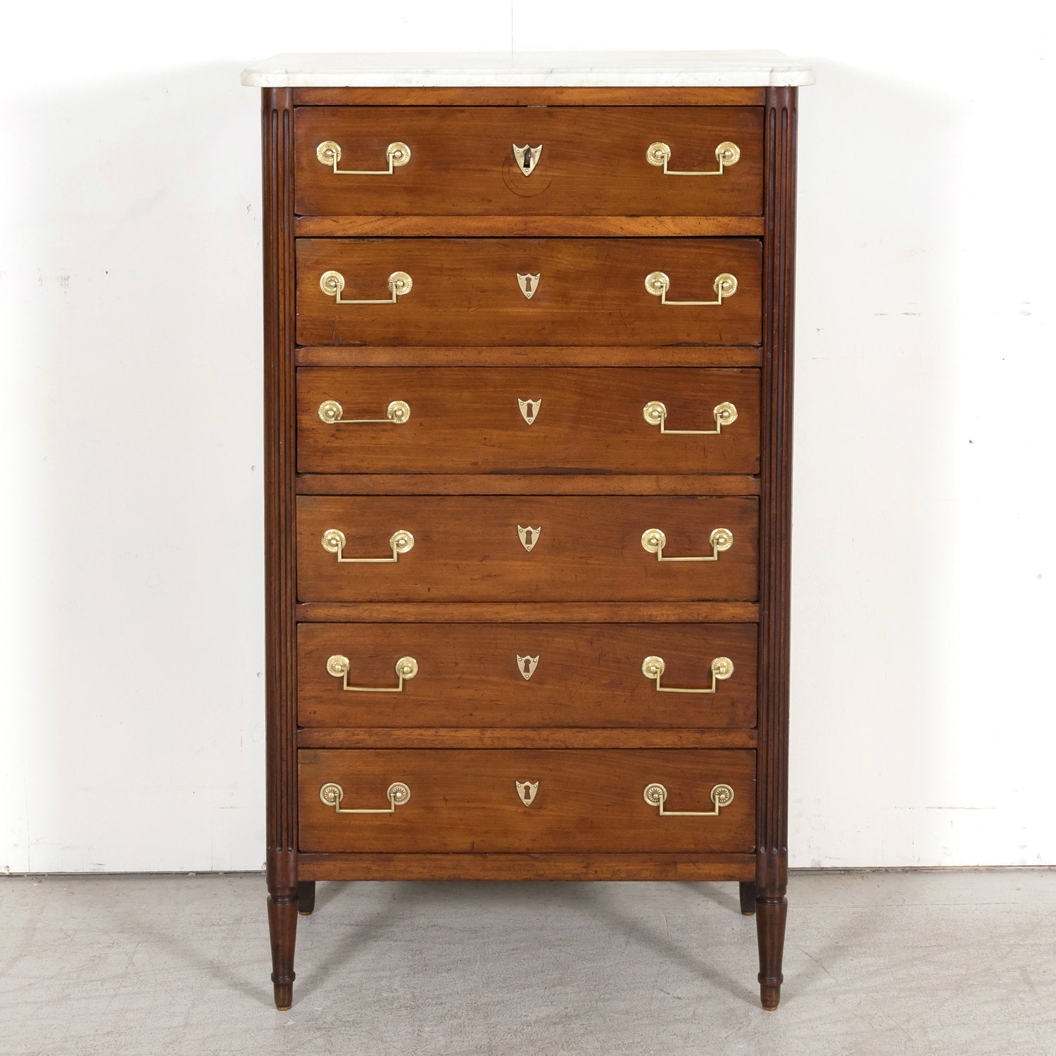 Early 19th Century French Louis XVI Style Tall Mahogany Gentleman's Chest of Drawers or Chiffoniere with Marble Top