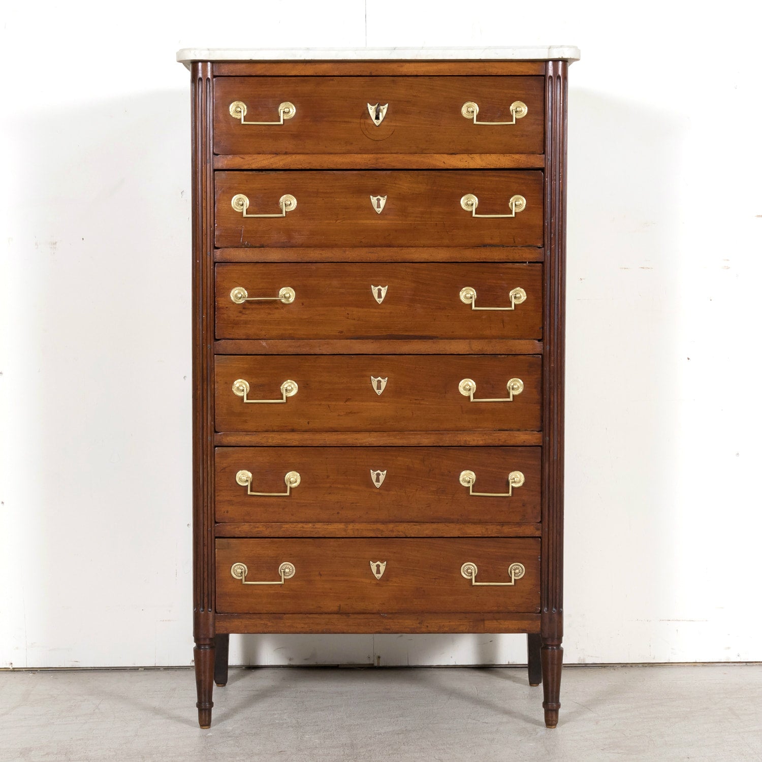 Early 19th Century French Louis XVI Style Tall Mahogany Gentleman's Chest of Drawers or Chiffoniere with Marble Top