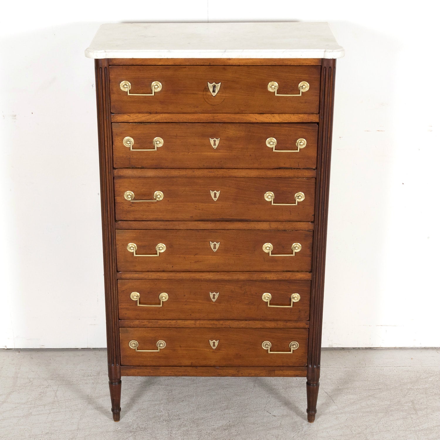 Early 19th Century French Louis XVI Style Tall Mahogany Gentleman's Chest of Drawers or Chiffoniere with Marble Top