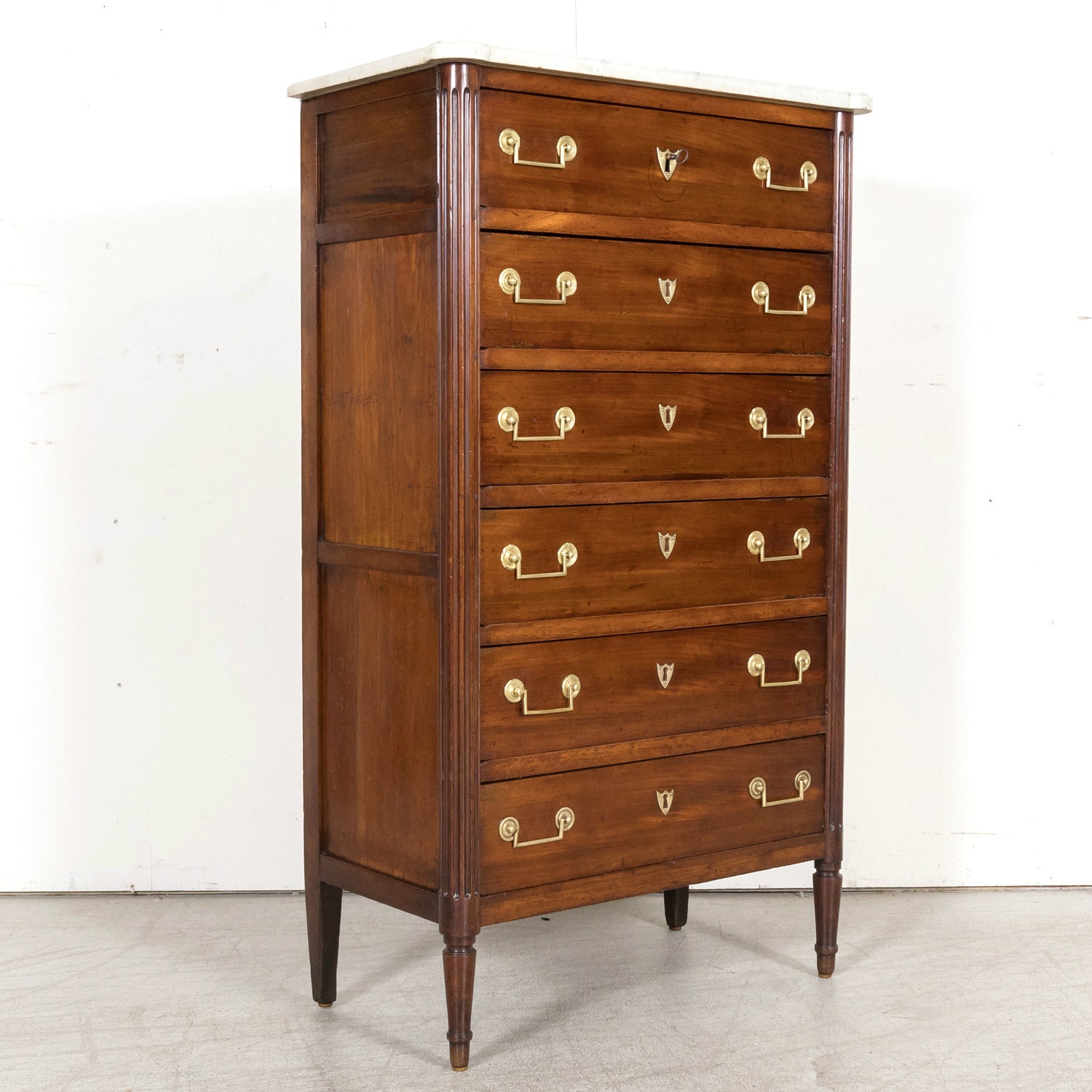 Early 19th Century French Louis XVI Style Tall Mahogany Gentleman's Chest of Drawers or Chiffoniere with Marble Top
