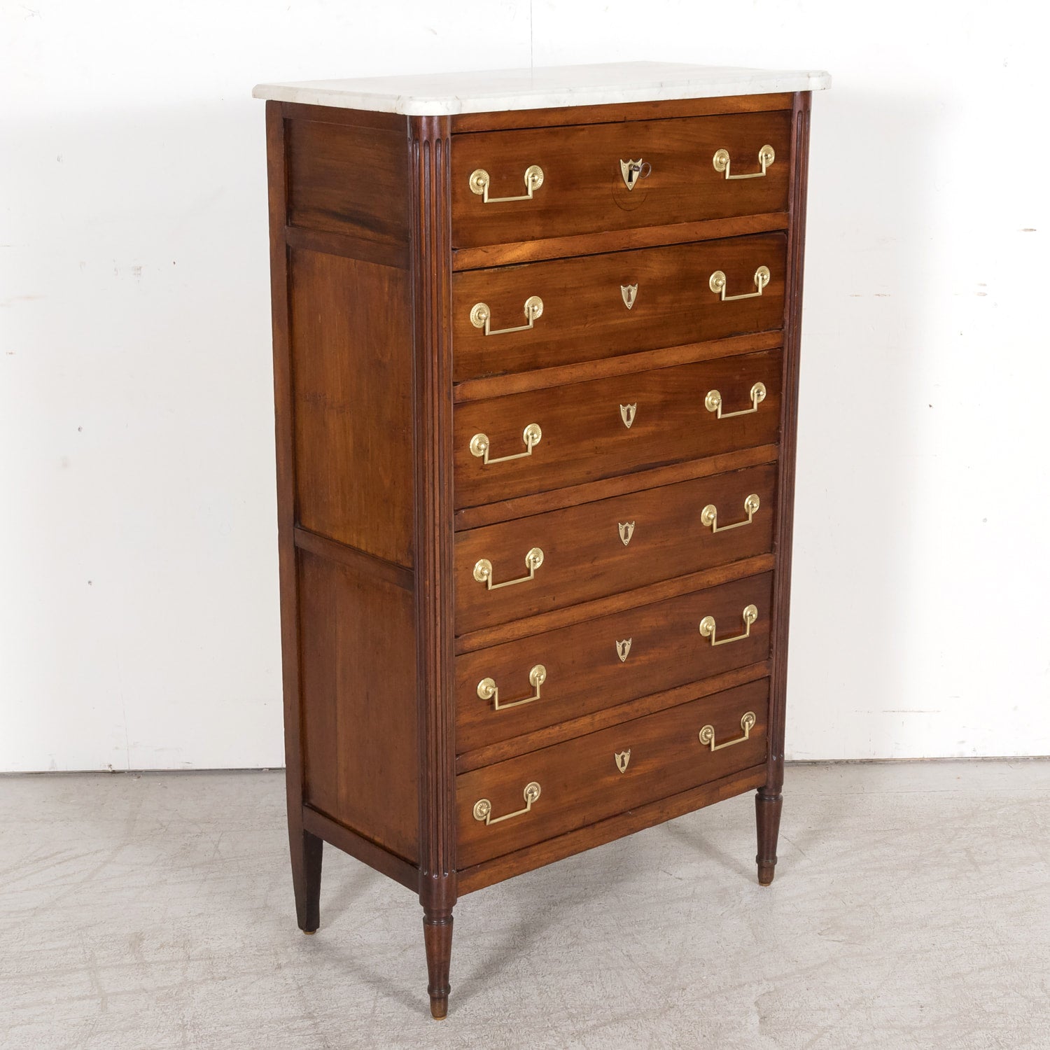 Early 19th Century French Louis XVI Style Tall Mahogany Gentleman's Chest of Drawers or Chiffoniere with Marble Top
